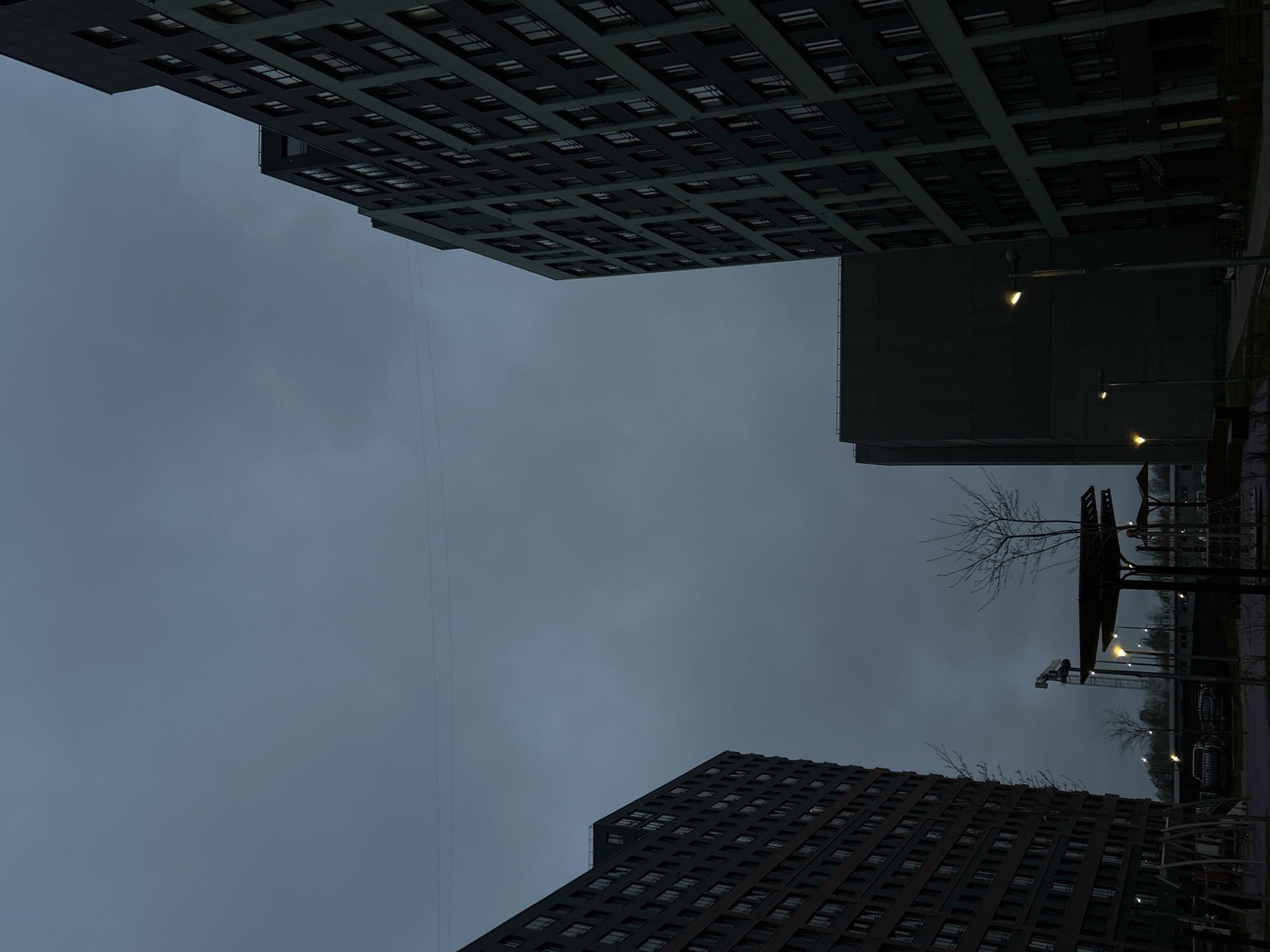 The image presents a stark, low-angle view of an urban environment, dominated by the angular architecture of modern buildings under a heavily overcast sky. The camera is tilted, causing the tall structures to frame the central sky space, with one building spanning the upper portion of the frame and another occupying the lower right.
The building in the upper half features a dark facade with numerous small, rectangular windows, arranged in a grid-like pattern. Its design appears functional and geometric, with projecting sections creating depth. The building in the lower right is also dark and multi-storied, showcasing a similar array of windows, suggesting a high-density residential or commercial complex.
The sky is uniformly grey, indicating heavy cloud cover and contributing to the dim, diffused lighting. Multiple streetlights are visible on the right side of the image, glowing with a warm yellow light, strongly suggesting it is either late evening, night, or very early morning. Bare tree branches, characteristic of colder seasons or climates, are scattered near the lower building and in the mid-right. Faintly, a construction crane can be seen in the distance on the right, behind some trees and other dark structures which might be part of a playground or park area. A thin, almost imperceptible wire or cable traverses the sky horizontally in the mid-left. No people are visible, and no specific activity is taking place, rendering the scene quiet and still. The overall mood conveyed is cool and somber, defined by the muted colors and artificial lighting against the dark sky.