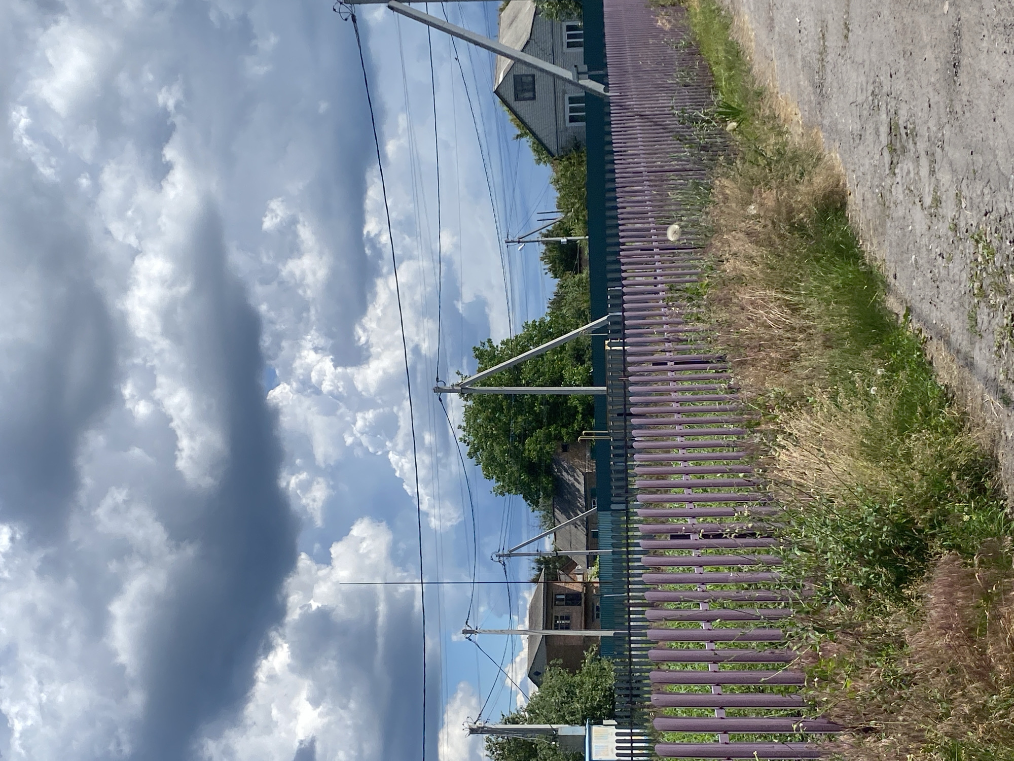 The image depicts a rural scene in Ustyvytsia, Ukraine, under a dramatic, cloudy sky. In the foreground, a weathered gravel road runs along the right side, bordered by a low, purple wooden picket fence. Beyond the fence, dense, overgrown vegetation, including tall grasses and weeds, thrives. In the mid-ground, several houses with pitched roofs are visible, some constructed of brick and others of lighter colored material, interspersed with mature green trees. A dark green metal fence runs behind the purple picket fence, further delineating the properties. Power lines and utility poles are prominent throughout the scene, crisscrossing the sky and connecting the rural structures. The overall impression is one of a quiet, lived-in, and somewhat unkempt rural environment.