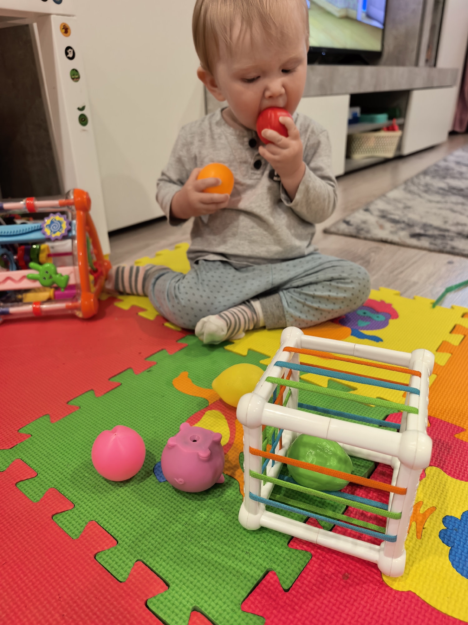 A toddler sits on a colorful foam mat, engaged in play. The child, wearing a grey long-sleeved shirt and patterned pants, is holding an orange ball in their left hand and has a red ball in their mouth. To the left of the child is an orange and clear plastic activity toy with various colorful beads and shapes. In front of the child, on the mat, are several other toys: a pink ball, a pink creature-shaped toy, a yellow ball, and a white cube-shaped toy with colorful elastic cords and a green ball inside. The mat itself is made of interlocking puzzle pieces in vibrant colors like red, green, yellow, and orange, with a blue abstract design visible on one of the yellow pieces. In the background, a television screen is visible on a grey media console, and a grey and white patterned rug is on the floor. The lighting suggests an indoor setting, likely during the day, with no indication of weather. The overall scene evokes a sense of playful exploration and early childhood development. There is no visible text in the image.