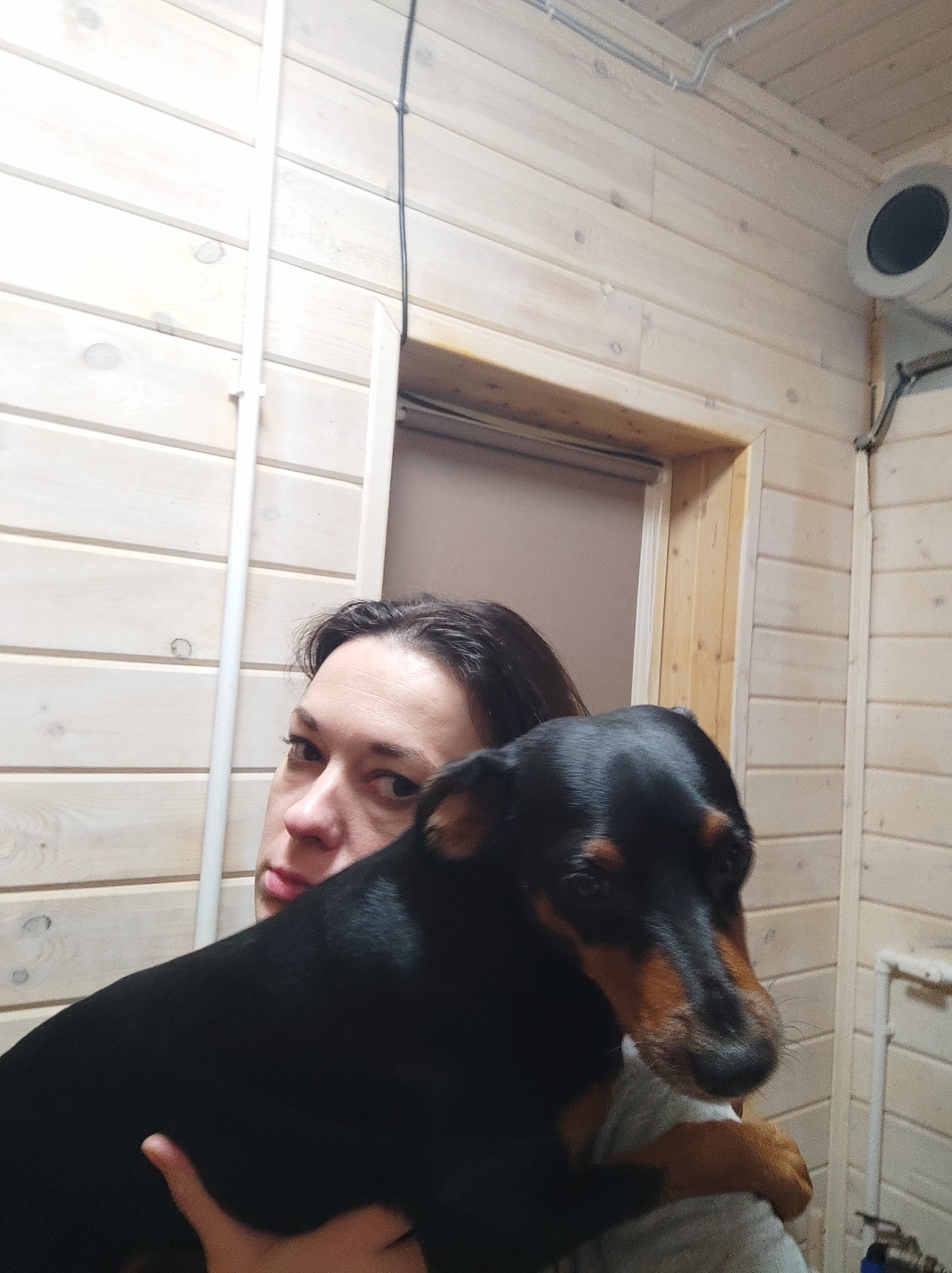 A person is holding a black and tan dog in front of a wooden paneled wall. The person's face is partially obscured by the dog. The dog is looking down and to the side. The room appears to be indoors, with pipes and a ventilation grate visible on the wall.