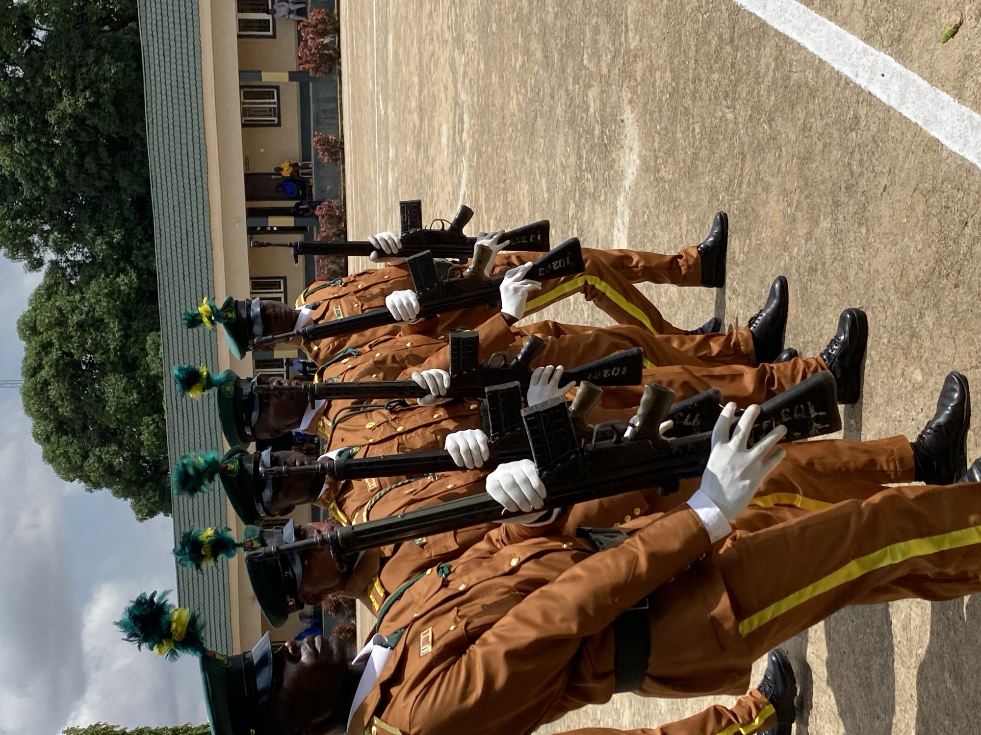 The image depicts a line of soldiers in uniform standing at attention, holding rifles. The soldiers are wearing brown uniforms with yellow stripes on the trousers and dark green hats adorned with green and yellow plumes. They are all wearing white gloves. The rifles appear to be automatic weapons.
The soldiers are standing on a paved surface, likely a parade ground, with a building in the background. The building has a green tiled roof and windows. There are trees with green foliage to the left of the building. The lighting suggests it is daytime, with shadows cast on the ground.
The soldiers appear disciplined and are in a formal formation, suggesting a parade, ceremony, or inspection. There are no clear indications of the specific emotions being displayed, but the posture and equipment imply a serious and official event.
There is some text visible on the rifles, appearing as stenciled numbers such as "10203" and "1020". The context provided places the image in Kaduna, Nigeria, which might suggest a national or regional event. The overall scene is one of military order and preparedness.
