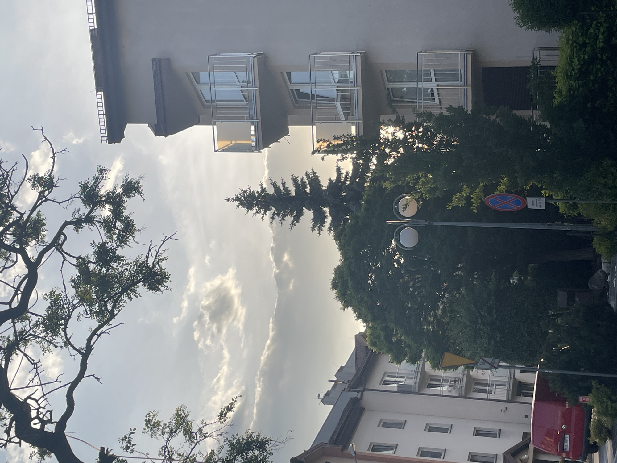 Captured from a low angle, the image portrays a cityscape, revealing a blend of nature and architecture. Dominating the upper part of the view is a multi-story building with pale beige walls and glass-fronted balconies, partly obscured by the dense foliage of surrounding trees. In the forefront, on the left, a tree with sparse leaves reaches into the sky.
Behind and partially concealed by the trees, a streetlamp stands upright, its globes reflecting light. A traffic sign, round with a blue rim and a red cross in the center, indicates a no-parking zone.
In the lower portion of the frame, another building with white walls and smaller balconies is visible. A red van is parked on the street level, suggesting an active urban environment. The sky is overcast with patches of sunlight breaking through, creating a dynamic interplay of light and shadow across the scene. The image is taken during the day, with soft, diffused lighting.