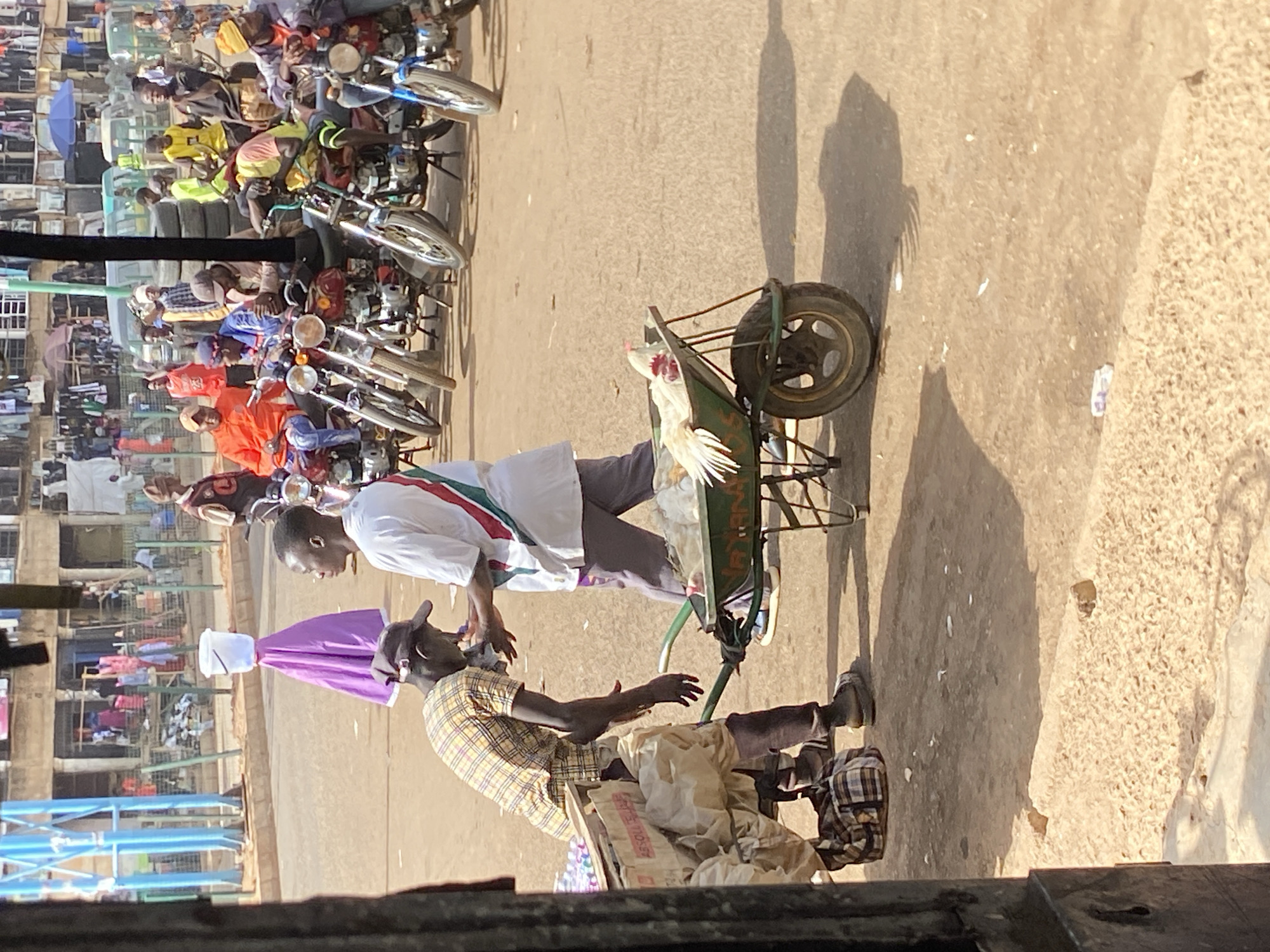 The image shows a street scene in Bukuru, Nigeria. Two men are interacting near a wheelbarrow. One man, wearing a plaid shirt and dark cap, sits among bags and packaged goods, reaching out his hand. The other man, in a white shirt with a red and green stripe across the chest and grey pants, stands holding the wheelbarrow containing a white chicken. Behind them are parked motorcycles and a crowd of people. Buildings and a water tank are visible in the background. The scene is brightly lit, casting shadows.