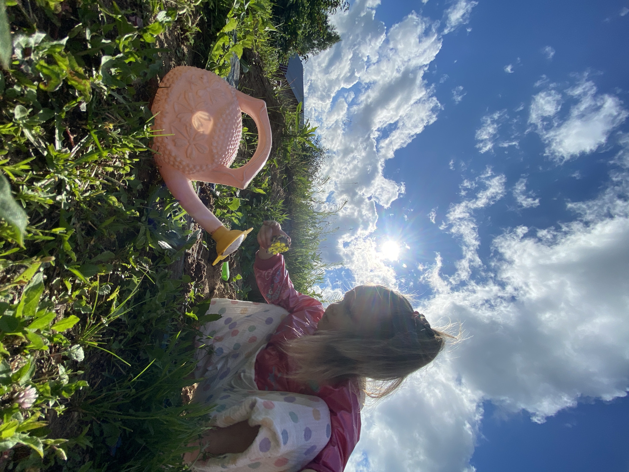 This media file depicts a young child engaged in gardening activities outdoors. The child, wearing a pink jacket and a white polka-dotted garment, is positioned in a garden, surrounded by greenery. A pink toy watering can rests on the ground nearby. The child is holding a small yellow object, possibly a flower or a toy, and appears to be interacting with it.
The scene is bathed in bright sunlight, suggesting it is daytime, likely midday or early afternoon, given the intensity of the sun and the clear blue sky dotted with fluffy white clouds. The location appears to be a natural outdoor setting, possibly a garden or a field, with dense vegetation and soil visible. The image is captured from a low angle, emphasizing the vastness of the sky.
There is no visible text in the media file. The overall mood seems peaceful and playful, hinting at a child enjoying a day outdoors and engaging in imaginative play within a garden environment.