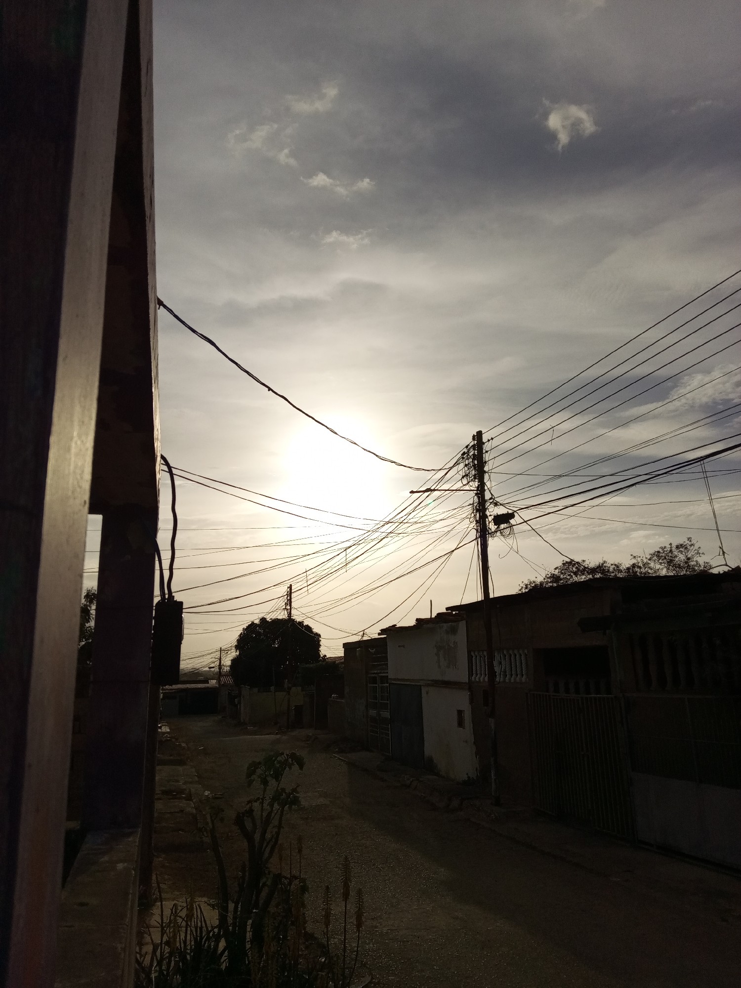 The image depicts a street scene in Juan Griego, Venezuela, at dusk or dawn. The view is from a building looking out onto the street. Power lines crisscross overhead, obscuring the sky and sunlight. Houses and walls line the street. Vegetation is present on the side of the street, partially obscured by the shadows. The overall lighting is low, creating a somber atmosphere. The road surface is visible and leads into the distance. A utility pole stands near the houses on the right side of the frame. The sky is overcast with clouds and the sun is shining directly above, almost hidden behind the wires.