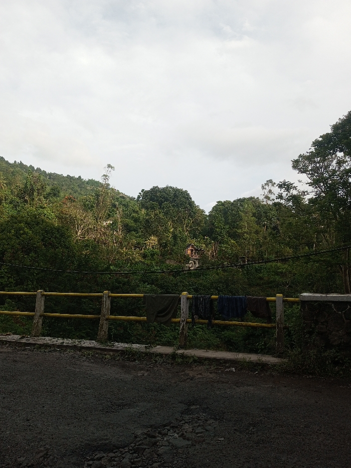 A verdant hillside with dense foliage fills the scene. A small structure peeks through the trees. A yellow railing runs horizontally across the midground, with laundry hanging on it. An asphalt road stretches into the distance. The sky is overcast, lending a muted tone to the landscape.