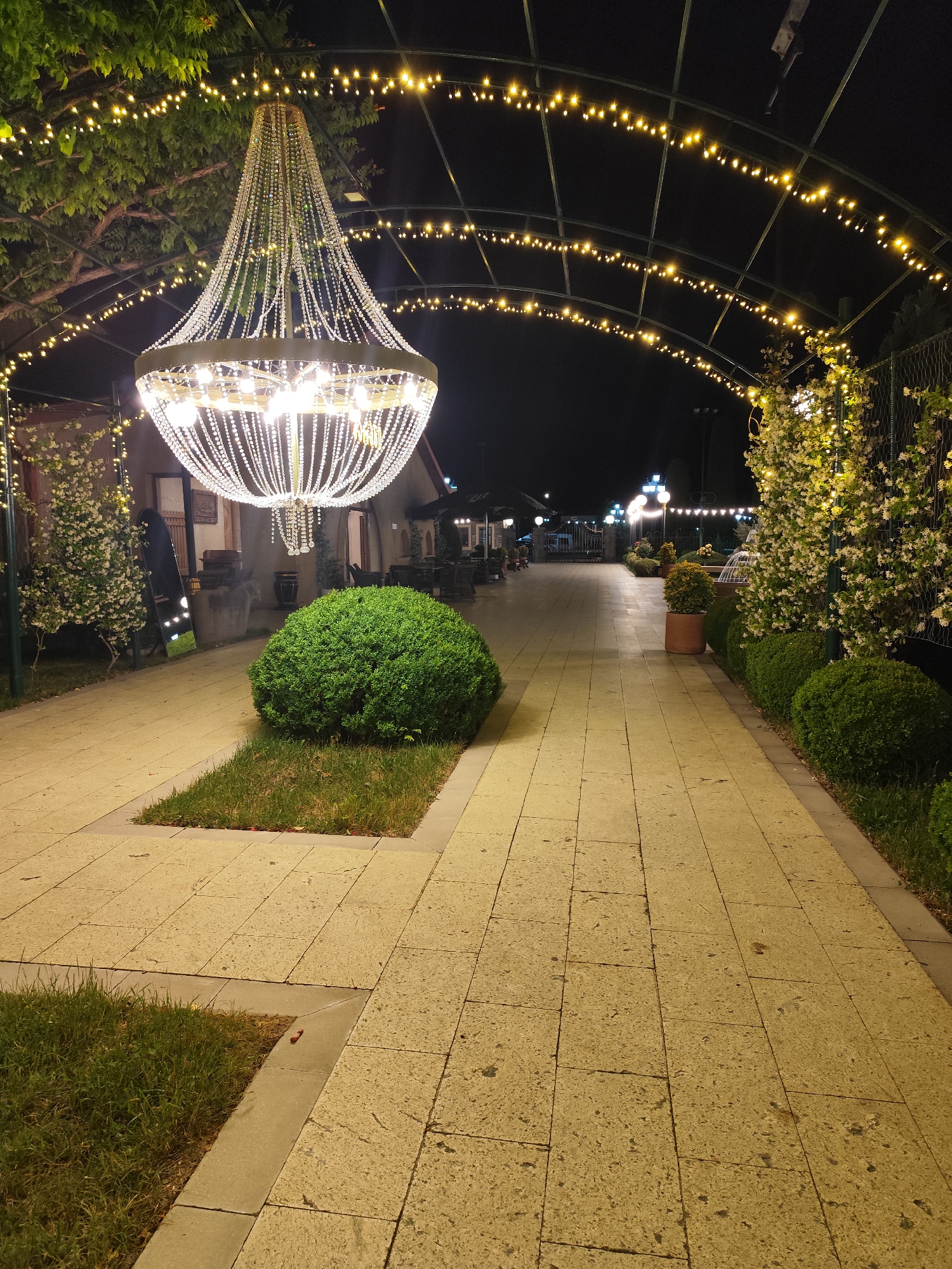The image depicts an outdoor walkway at night, illuminated by a large chandelier and string lights. The walkway is paved with light-colored stone tiles. On the left side of the walkway, there is a large, round green bush. Beyond the bush, there are buildings with windows and doorways, suggesting a restaurant or similar establishment. Trees with white flowers are also visible. The walkway extends into the distance, where more lights and buildings can be seen. String lights are draped along an arched structure that covers part of the walkway. On the right side of the walkway, there are more bushes and flowering plants. The overall impression is that of a beautifully decorated outdoor area, likely a restaurant patio or a garden venue in Mtskheta, Georgia.