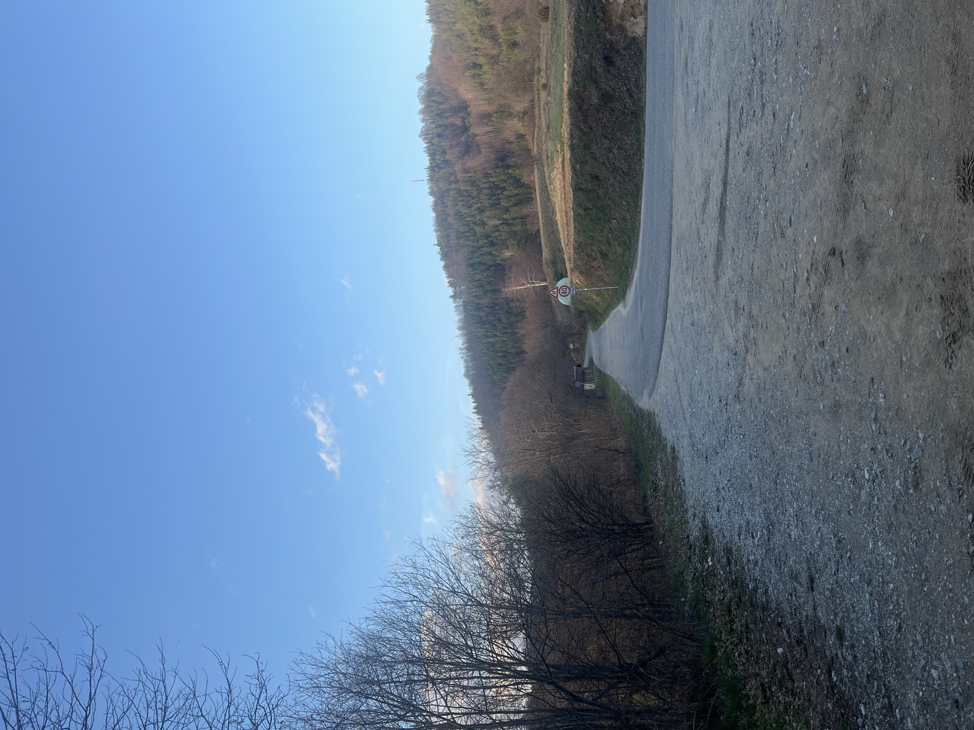 The image depicts a rural scene in Vranintsi, Bulgaria. A narrow paved road curves through a landscape of wooded hills and open ground. A speed limit sign, indicating 40 km/h, is visible along the roadside. Trees, mostly bare, are prominent in the foreground. The sky is clear with a few scattered clouds. The ground to the right of the road is gravelly.