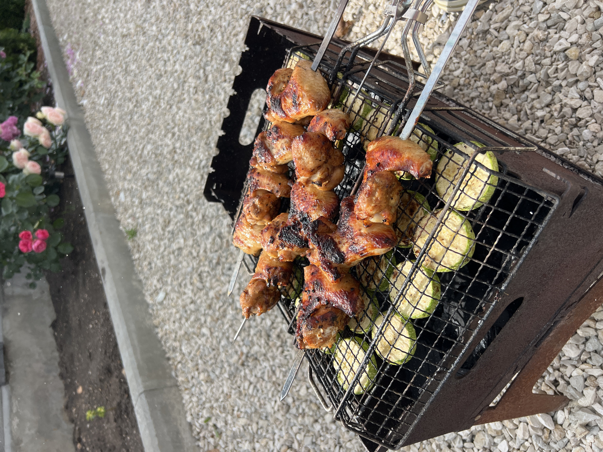 A close-up, eye-level, outdoor shot captures food being grilled on a barbecue. Several skewers of cooked chicken are arranged on a metal grill rack, some with char marks indicating they are well-done. Beneath the chicken, sliced zucchini is also being grilled, showing light grill marks. The barbecue itself is a dark, weathered metal structure with angled legs, placed on a surface covered with small, light-colored stones. In the blurred background, a raised garden bed with dark soil is visible, bordered by a concrete edge. Beyond the garden bed, a bush with pink and cream-colored roses is in bloom. The scene appears to be in a backyard or outdoor patio area. There are no people or animals present in the image.