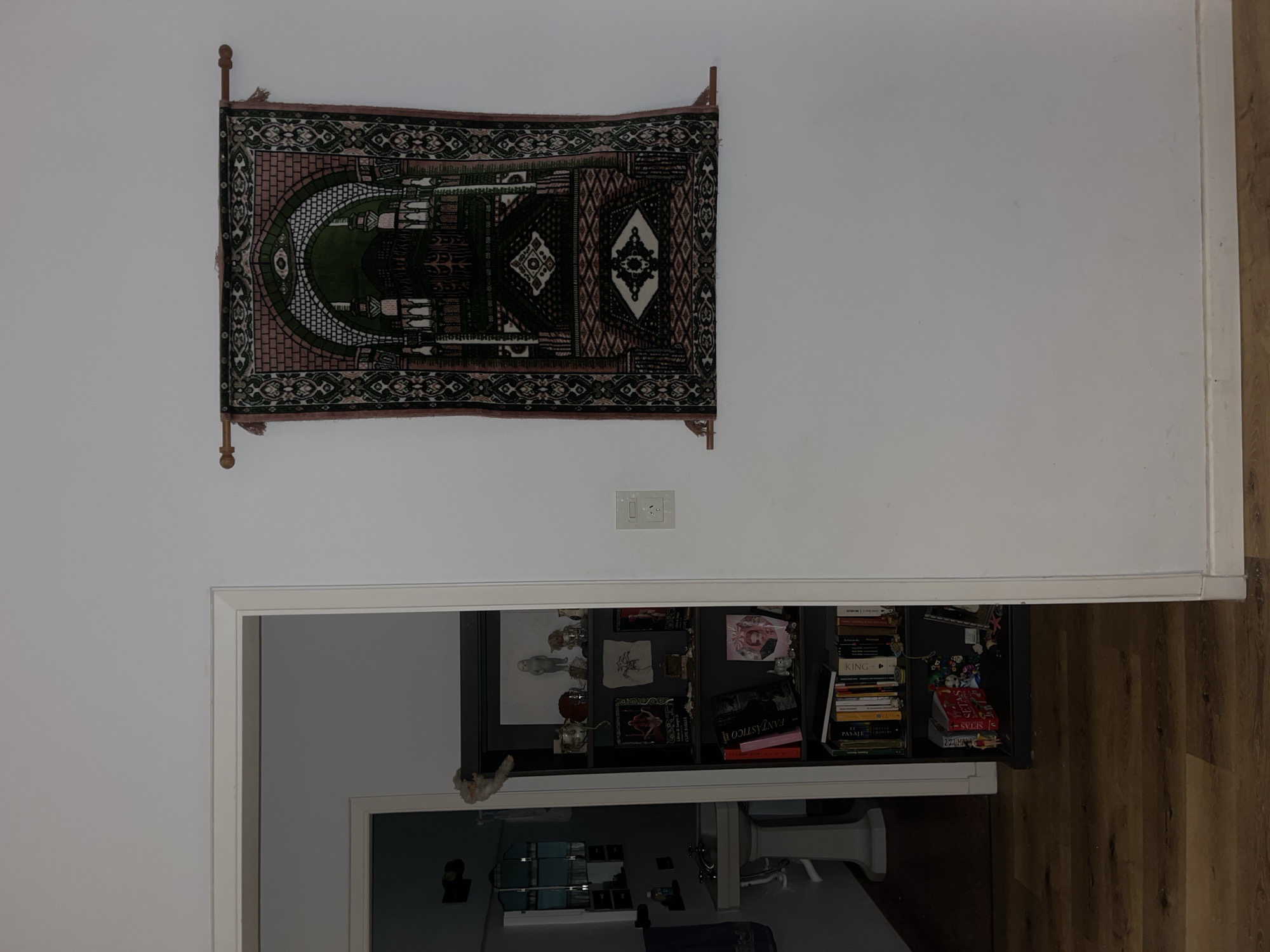 The image shows an interior view. A patterned rug hangs on a white wall above a light switch. Below the rug, a doorway leads to another room where a bookcase filled with items and books is visible. Beyond the bookcase, a glimpse of another room with blue accents can be seen. The floor to the right of the doorway is wood. The location cannot be determined from the image.