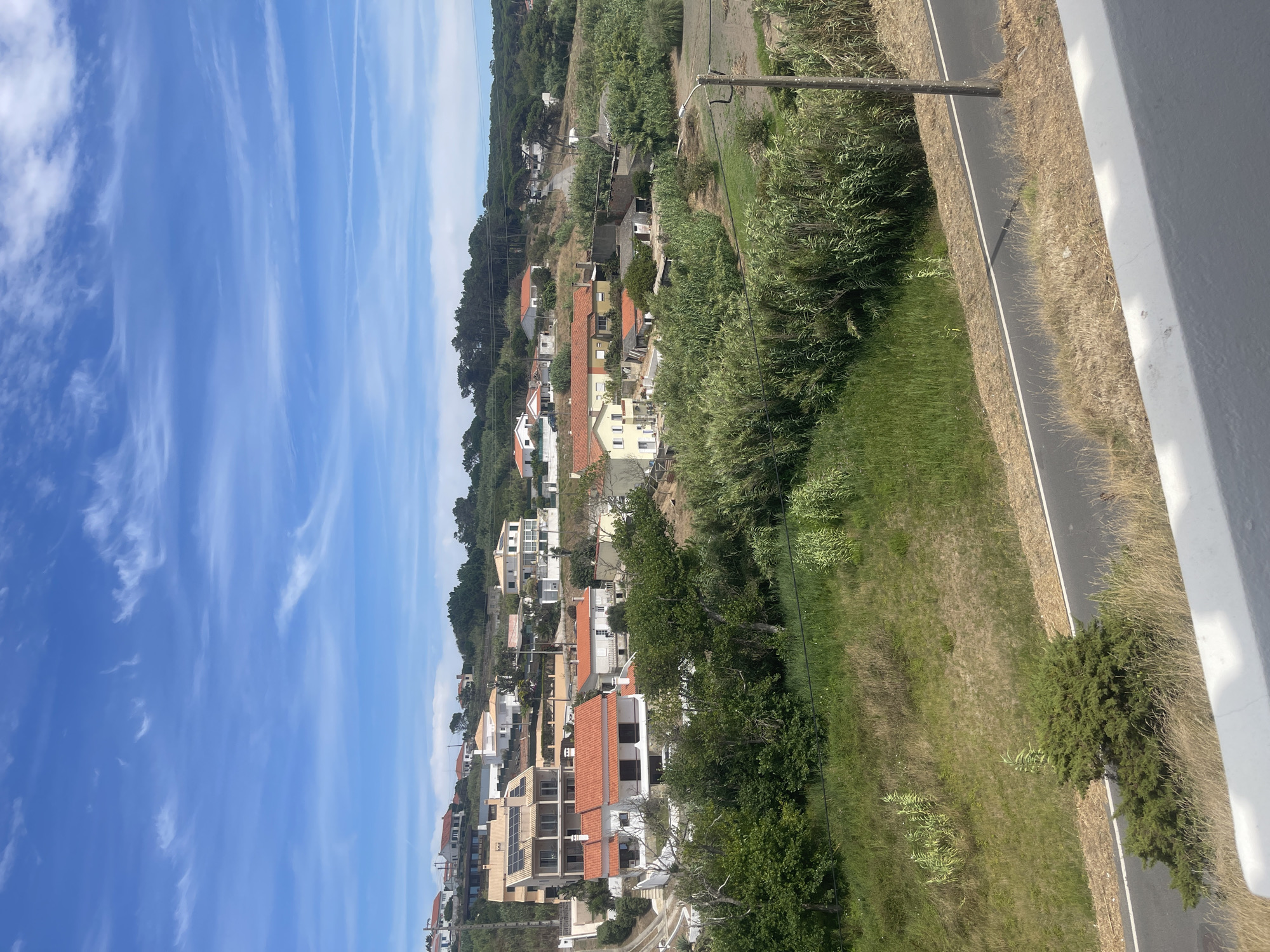 A medium shot captures a village nestled in the hills of Colares, Portugal, under a bright blue sky dotted with wispy white clouds. The village consists of numerous residential buildings with predominantly white walls and terracotta-tiled roofs. Some homes feature modern architectural elements like large windows and balconies, while others appear more traditional. Solar panels are visible on the roof of one prominent house.
The buildings are situated on a sloping hillside, with lush green vegetation and trees surrounding them. In the foreground, a paved road runs horizontally across the image, bordered by dry grass and a dense growth of tall, reedy plants on the left side. A single wooden utility pole stands near the road on the right. The overall scene depicts a residential area in a hilly, vegetated landscape. There are no people or animals visible in the image.