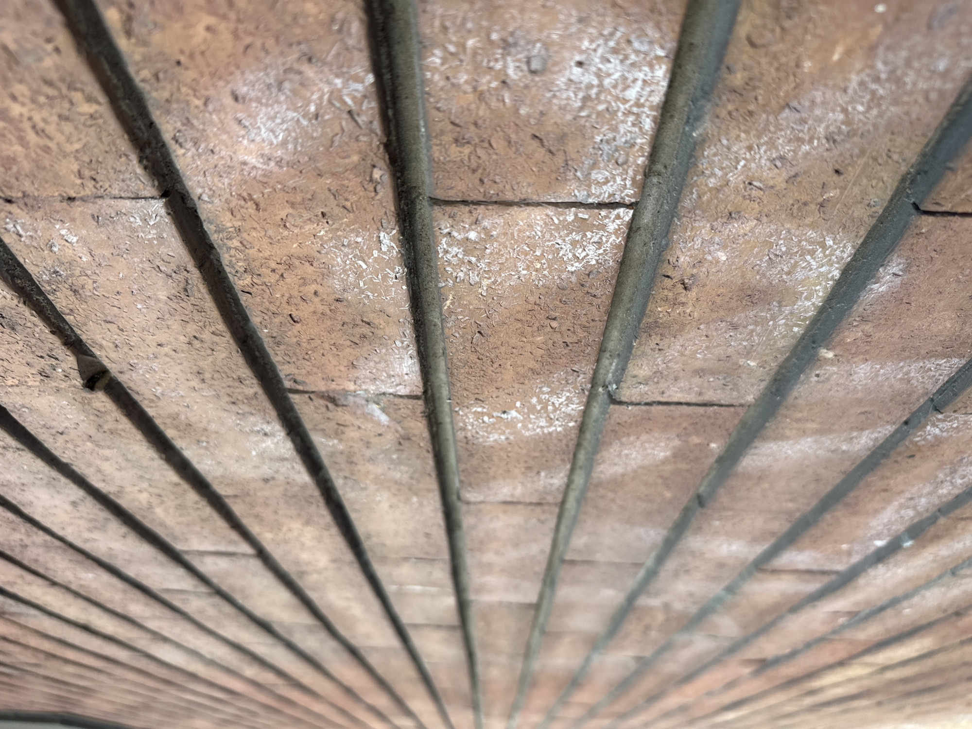 The image shows a close-up, angled view of a weathered brick wall. The bricks are reddish-brown and are laid horizontally with dark gray mortar in between. Some of the bricks have white splotches and a rough texture. The perspective suggests the wall recedes into the distance, creating a sense of depth. There are no people or animals visible in the image. The lighting appears natural, casting subtle shadows that highlight the texture of the bricks and mortar. The scene is devoid of any specific urban or natural landmarks, making it impossible to determine the location within Trieste, Italy, based solely on the provided image.