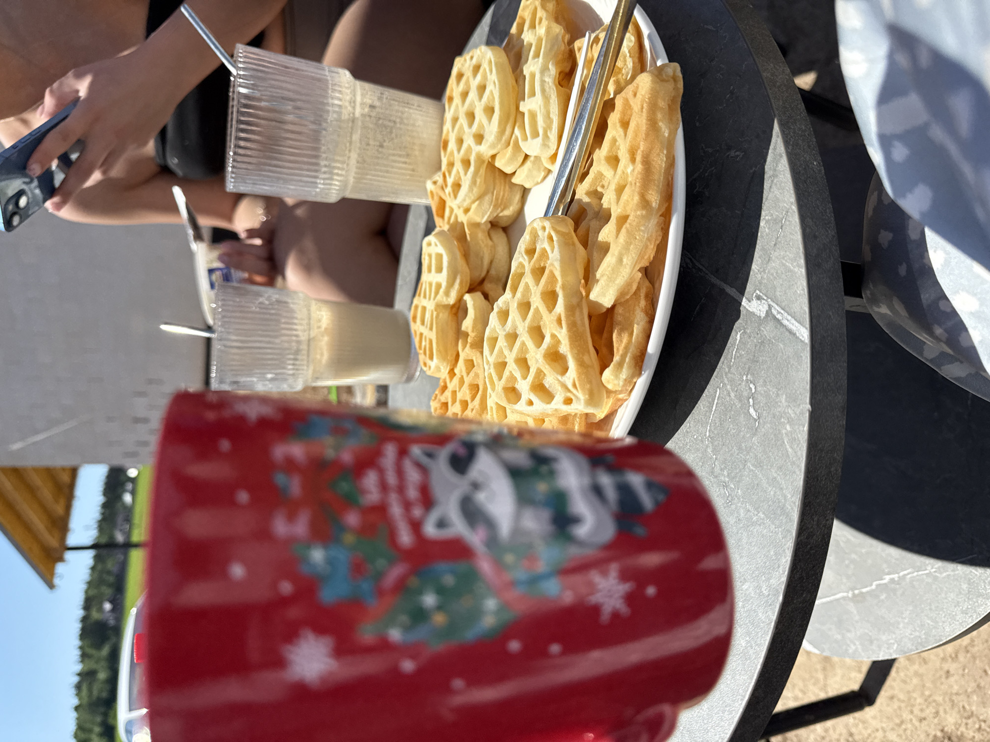 The image shows a table with a plate of waffles, two glasses of liquid with straws, and a red mug with a raccoon and snowflake design. A person is holding a phone and possibly taking a photo of the food. The setting appears to be outdoors, with a glimpse of a grassy area and trees in the background. The location is Лобаново, Russia.