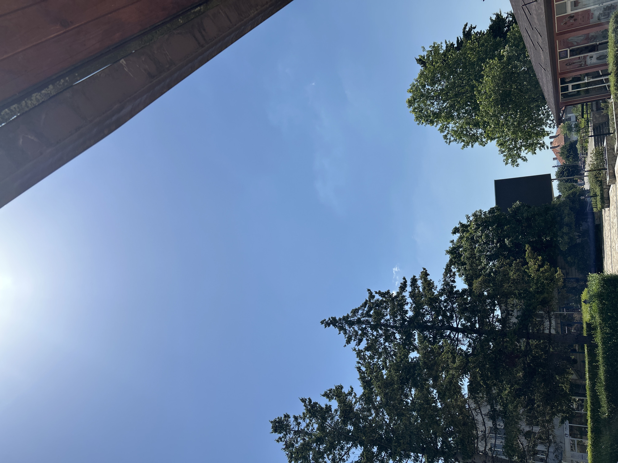 The image captures a bright, sunny day with a clear blue sky dominating the upper portion. In the foreground, a portion of a wooden structure, likely a roof or overhang, is visible on the right, casting a shadow. Several evergreen trees, including tall fir trees, are prominently featured on the left and center, their dark green foliage contrasting with the sky. Behind the trees on the left, a multi-story building with a light-colored facade and windows can be seen. Further into the background, more trees and some residential buildings with terracotta roofs are visible. A building with a dark, angled roof is positioned in the mid-ground. The lower part of the image shows manicured green hedges and a paved walkway. The scene appears to be an outdoor public space, possibly a park or a commercial area, in Aksakovo, Bulgaria. No people are clearly discernible in the image.