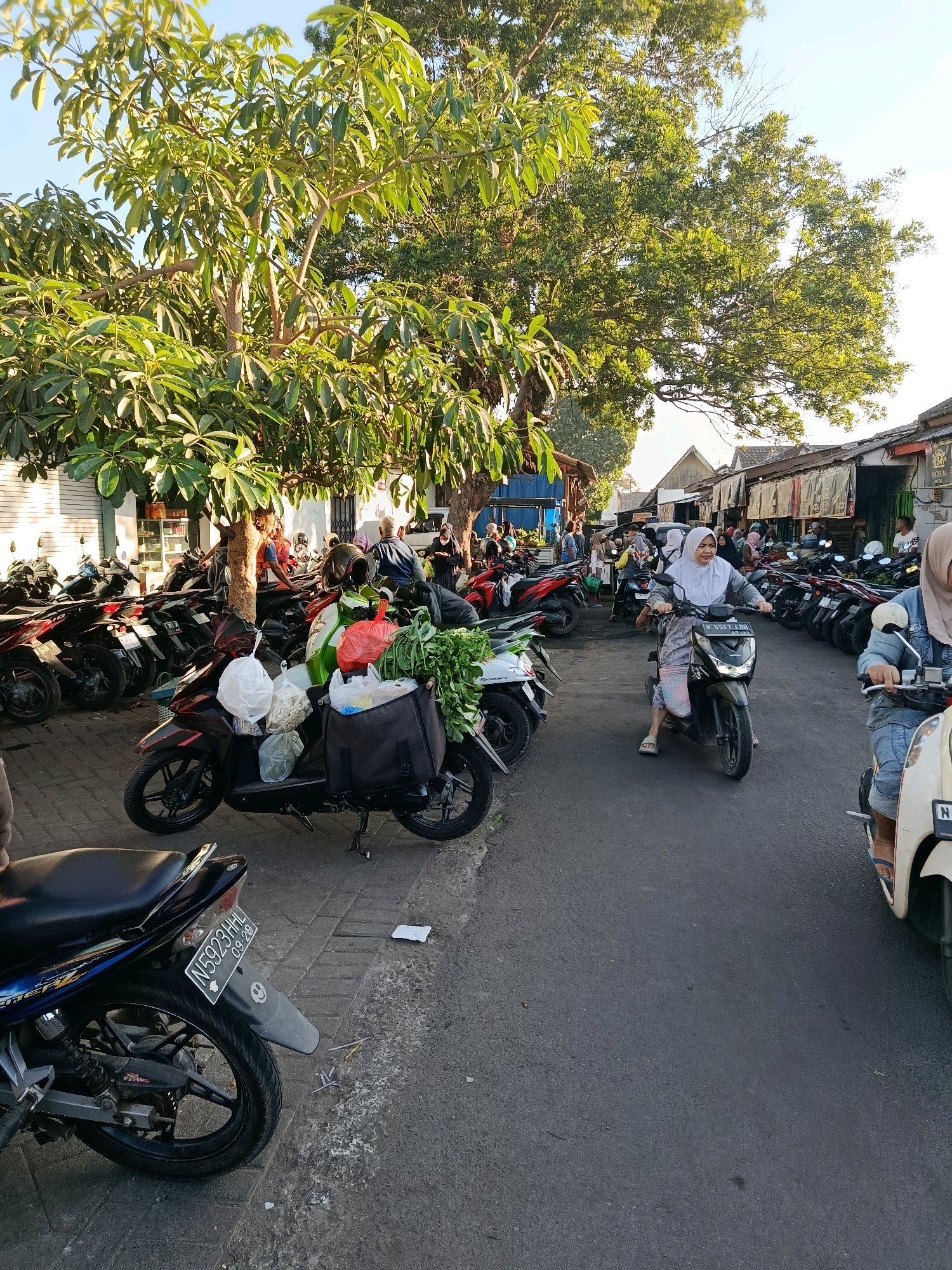 This is a medium-shot, eye-level photograph taken outdoors during daylight, likely in Bululawang, Indonesia. The scene depicts a street with a row of parked motorbikes and several individuals engaged in activity. Dominating the left side of the frame is a large tree with lush green foliage, casting shadows on the pavement and a white building behind it.
In the foreground, a black motorbike is parked, loaded with several bags, one containing fresh green vegetables. To its right, a woman wearing a white hijab and patterned traditional clothing is riding a black motorbike, facing towards the right of the frame. Further to the right, a second woman, also wearing a hijab and a denim jacket, is riding a light-colored motorbike, her face partially visible.
Behind these motorbikes, more parked motorbikes extend down the street. On the right side, a row of stalls or shops with corrugated roofs are visible, suggesting a marketplace or commercial area. Several people are seen walking or standing near the stalls. The ground is paved with asphalt and some cobblestone sections. The overall atmosphere appears to be that of a busy, everyday scene in a semi-urban Indonesian setting. The lighting suggests it is either early morning or late afternoon due to the long shadows cast by the tree.