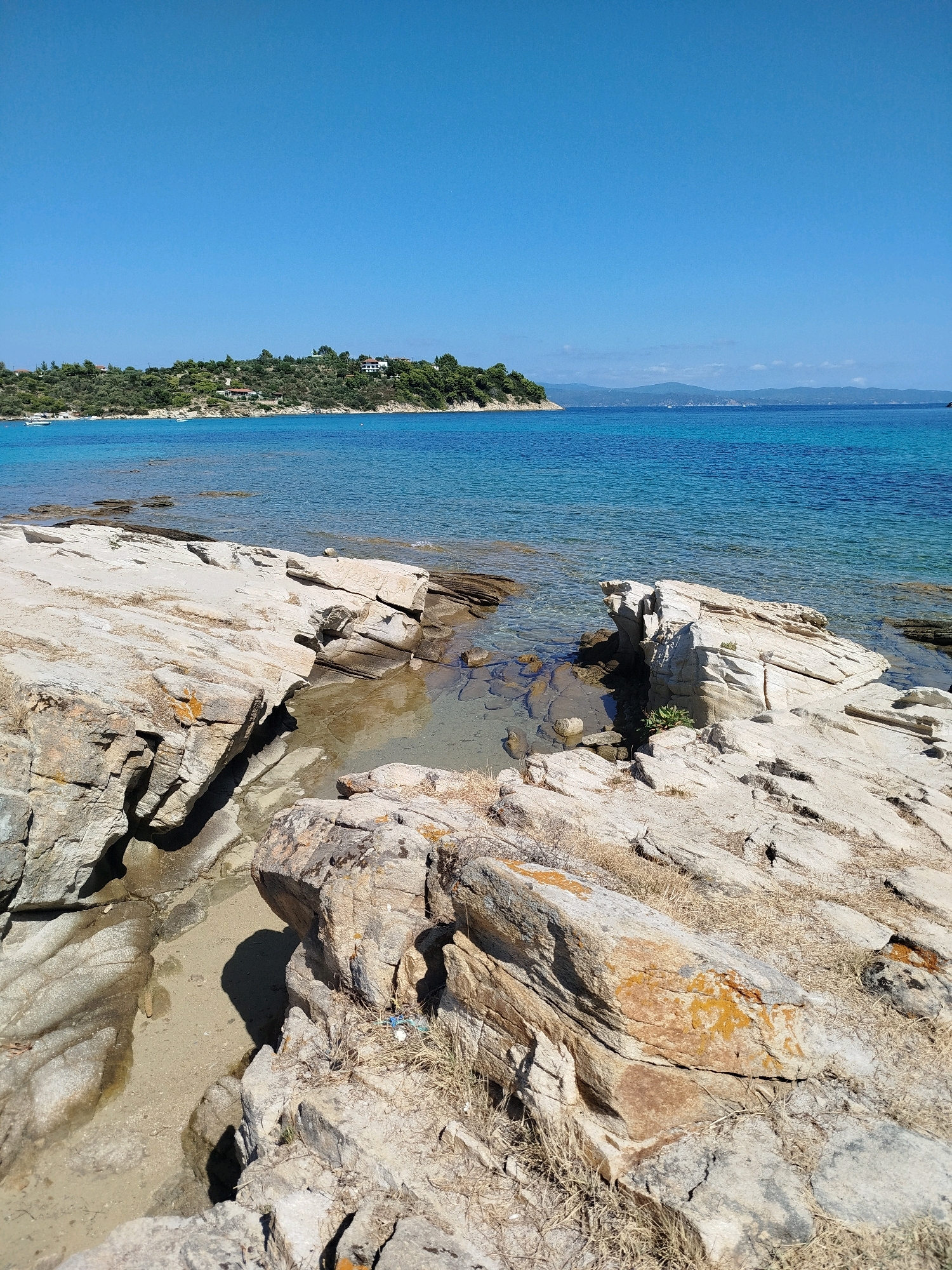 The image depicts a rocky coastline with clear turquoise waters. In the foreground, large, weathered, light-colored rocks dominate the scene, with some areas showing reddish-orange lichen. Small pools of shallow water are visible between the rocks, revealing a sandy bottom. The water is calm and transparent, allowing a view of the submerged rocks and sand. In the background, a green, tree-covered peninsula juts into the sea, with scattered white buildings visible among the trees. The sky is a clear, vibrant blue. The overall impression is of a serene, natural coastal landscape. The location is identified as Sithonia Municipal Unit, Greece.