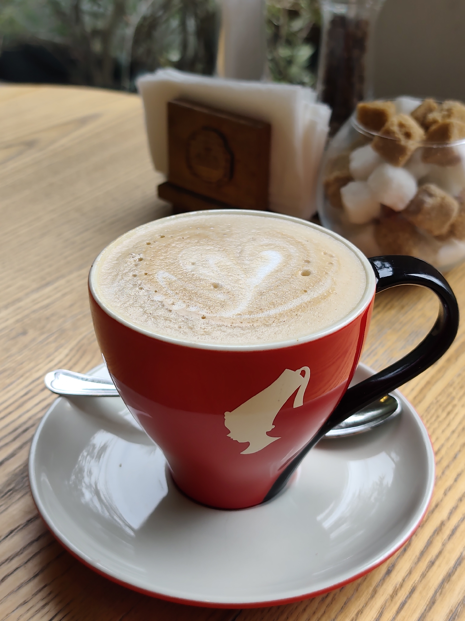 A close-up, eye-level shot captures a red coffee mug with a black handle, filled with latte art resembling a heart, resting on a white saucer with a red rim. A spoon peeks out from beneath the saucer. The mug is adorned with a white silhouette of a bird. In the background, out of focus, a wooden napkin holder with white napkins sits on a light-colored wooden table. To the right, a glass bowl contains sugar cubes, both white and brown. The overall setting appears to be an indoor cafe, possibly in Sochi, Russia, given the request, with a blurred view of greenery and trees visible through a window behind the napkin holder, suggesting an outdoor or garden view. The lighting is natural and soft, casting gentle shadows. No people are present in the frame.