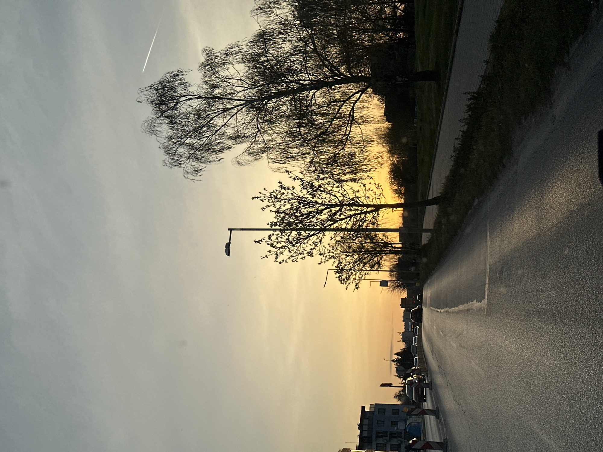 The image shows a street in Sofia, Bulgaria at dusk. On the right is a wet asphalt road with parked cars. To the left, buildings can be seen in the distance, with streetlights lining the road. Trees are visible on both sides of the road, silhouetted against a yellow and grey sky. A contrail is present in the upper left corner.