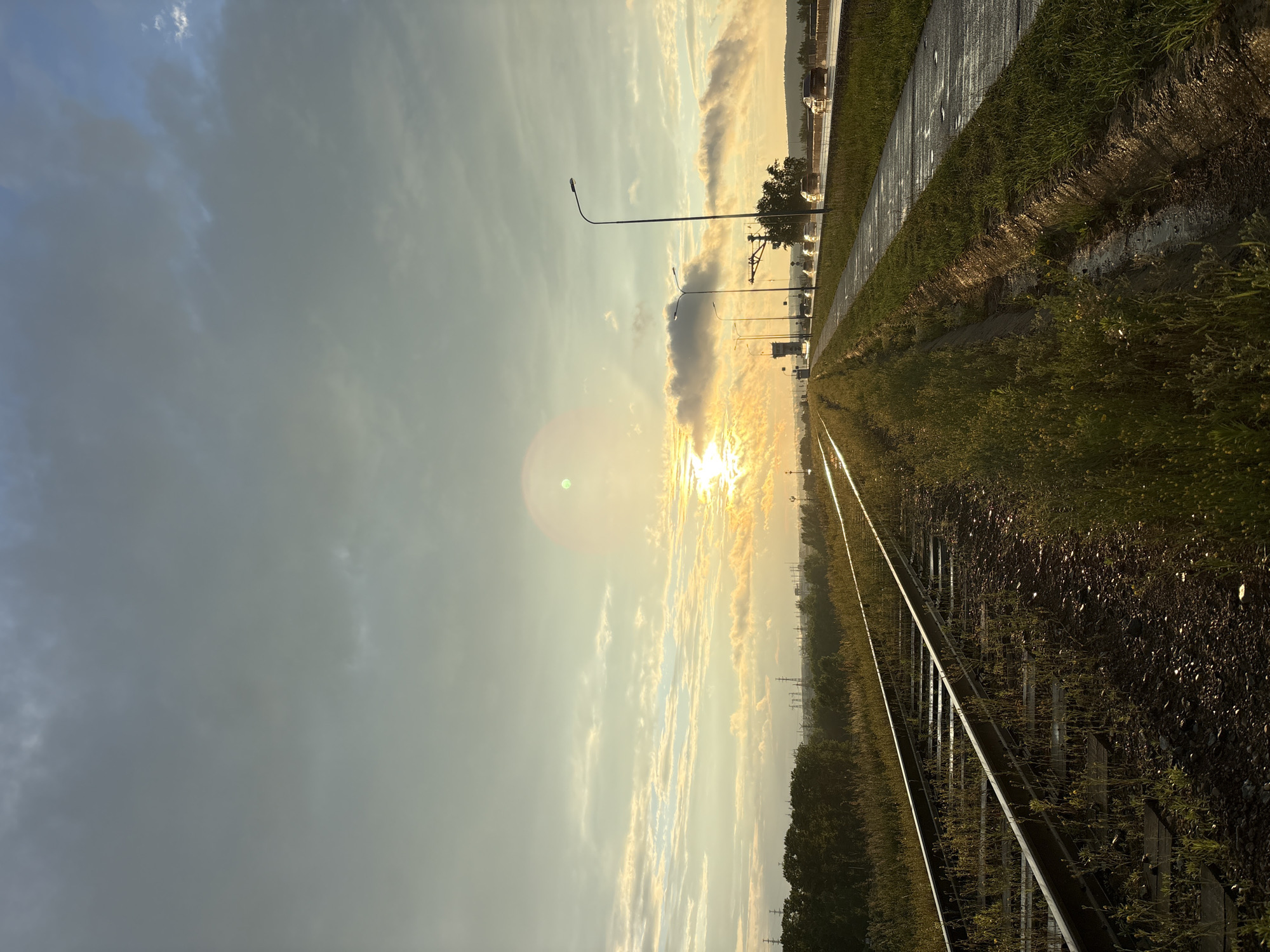 An outdoor, vertical, eye-level, medium shot captures an agricultural landscape in Chaikovsky, Russia, at dusk. The sun, partially obscured by clouds, casts a warm, golden glow over the scene. Railroad tracks run diagonally from the lower left corner into the distance, with tall grass and weeds growing between and around the rails. To the right of the tracks, a paved path runs parallel to them, with a ditch containing some water. Beyond the path, a road is visible with several cars driving on it. Streetlights line the road, and in the distance, there are trees and industrial structures. The sky is filled with a mix of clouds and a soft, hazy sunlight.