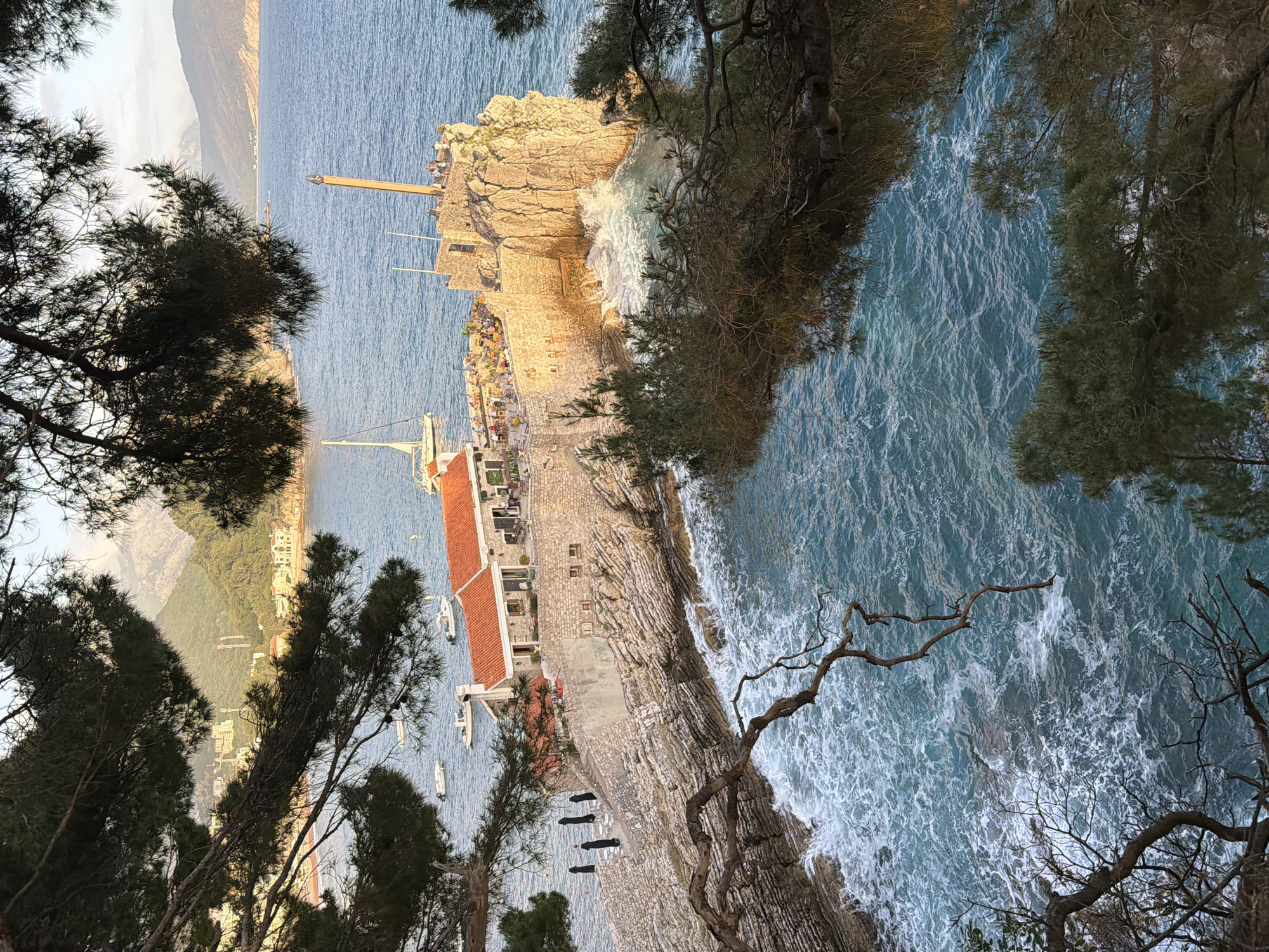 The image shows a high-angle view of a coastline featuring the Petrovac centar area in Montenegro. The scene is framed by pine trees in the foreground. A peninsula extending into the sea is visible. On the peninsula, there are buildings with red-tiled roofs, stone structures, and what appear to be cannons pointed towards the sea. The ocean water is choppy with whitecaps visible where waves crash against the rocky shore. A pier or breakwater stretches into the sea on the left. In the distance, mountains are visible along the coastline. Several boats are moored in the water near the peninsula.