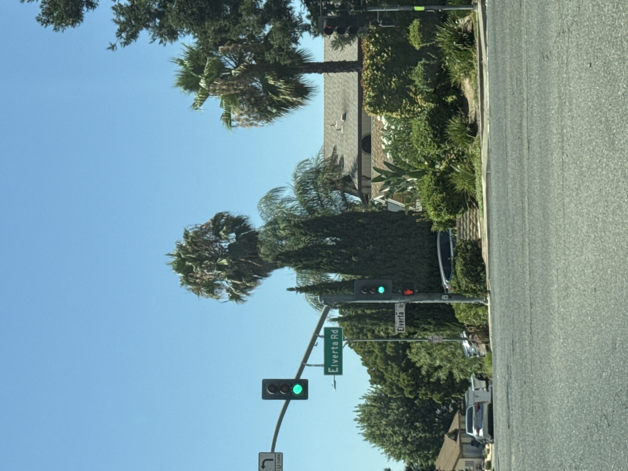 This is a photograph taken from a street intersection, likely on a clear, sunny day. The foreground shows a paved road with some cracks and wear. In the background, there are several traffic lights. One traffic light displays a green light, and another shows a red light. A street sign reading "Elverta Rd" is visible, attached to a traffic light pole. There are also trees, palm trees, and lush green bushes, suggesting a suburban or residential area. In the distance, parts of houses and vehicles are visible, including a silver sedan and a white pickup truck. The overall scene depicts a typical street intersection in a populated area.