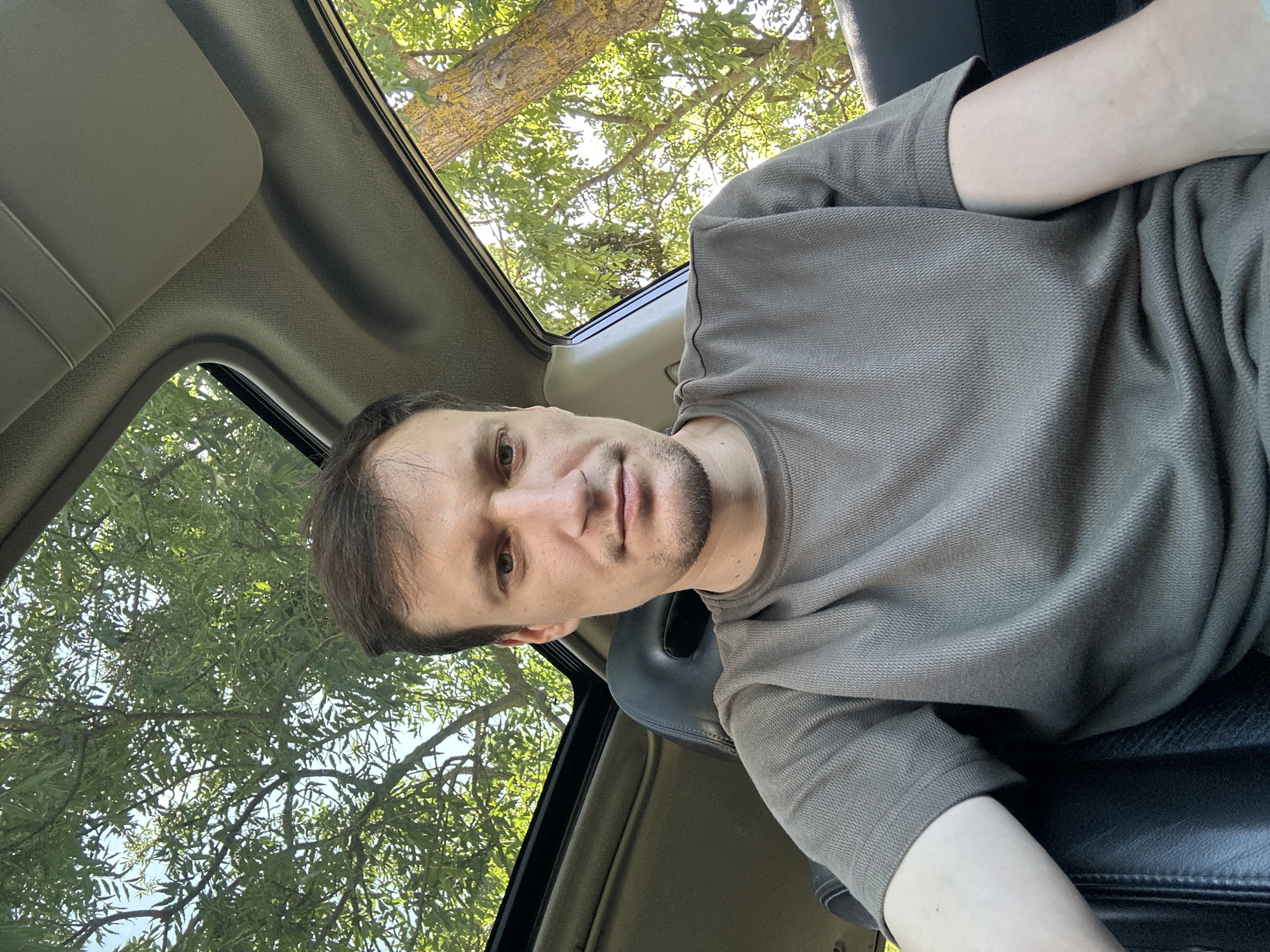 A man is taking a selfie inside a car. The car has a sunroof open, revealing trees and a bright sky. The man is looking at the camera with a neutral expression. He is wearing a grey t-shirt and has short brown hair and a goatee. The interior of the car is visible, including a black leather seat and the car's headliner. The image appears to have been taken during the day. The location is identified as Makiv, Ukraine.