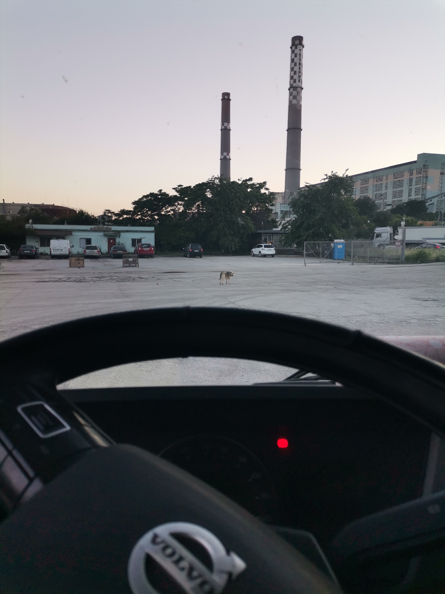 The image is taken from the interior of a Volvo truck, looking out at a paved industrial area at dusk. Two large smokestacks with checkered patterns dominate the background, and a multi-story building with many windows is visible to the right of the smokestacks. Several cars, a white van, a blue portable toilet, and a large white truck are parked in the lot. A dog is standing in the middle of the lot. A red indicator light is illuminated on the truck's dashboard. The scene is located in Ezerovo, Bulgaria.