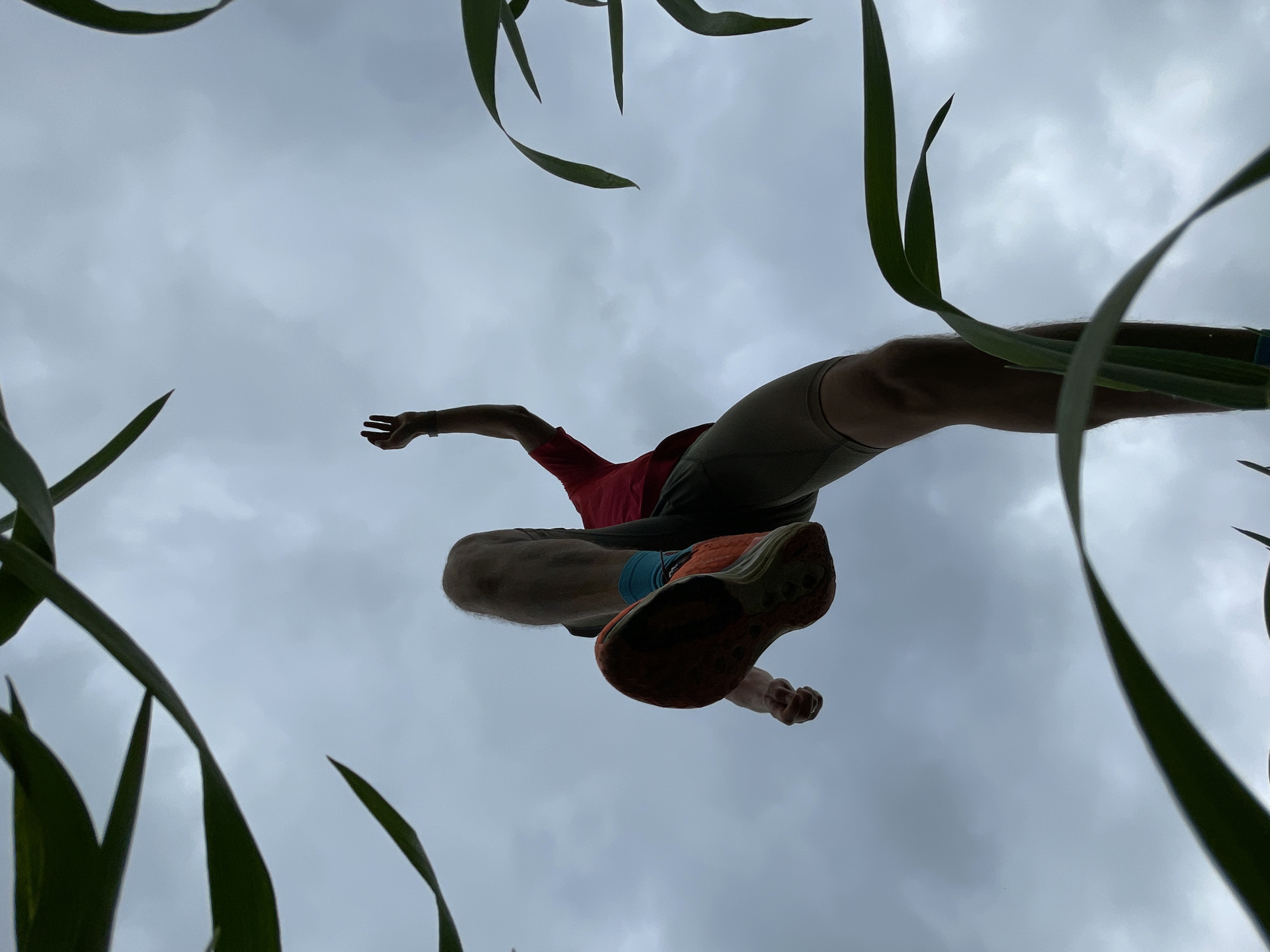 A low-angle, full-body shot captures a person in athletic attire, appearing to be mid-stride or mid-jump against a cloudy sky. The individual, viewed from below, wears a red shirt, dark shorts, and bright orange athletic shoes with blue socks. Their right leg is extended forward, with the sole of the shoe prominently visible. The left arm is raised, with fingers splayed, while the right arm is bent at the elbow. Green, elongated leaves frame the scene from the top and bottom, creating a naturalistic border. The overall lighting suggests an overcast day.