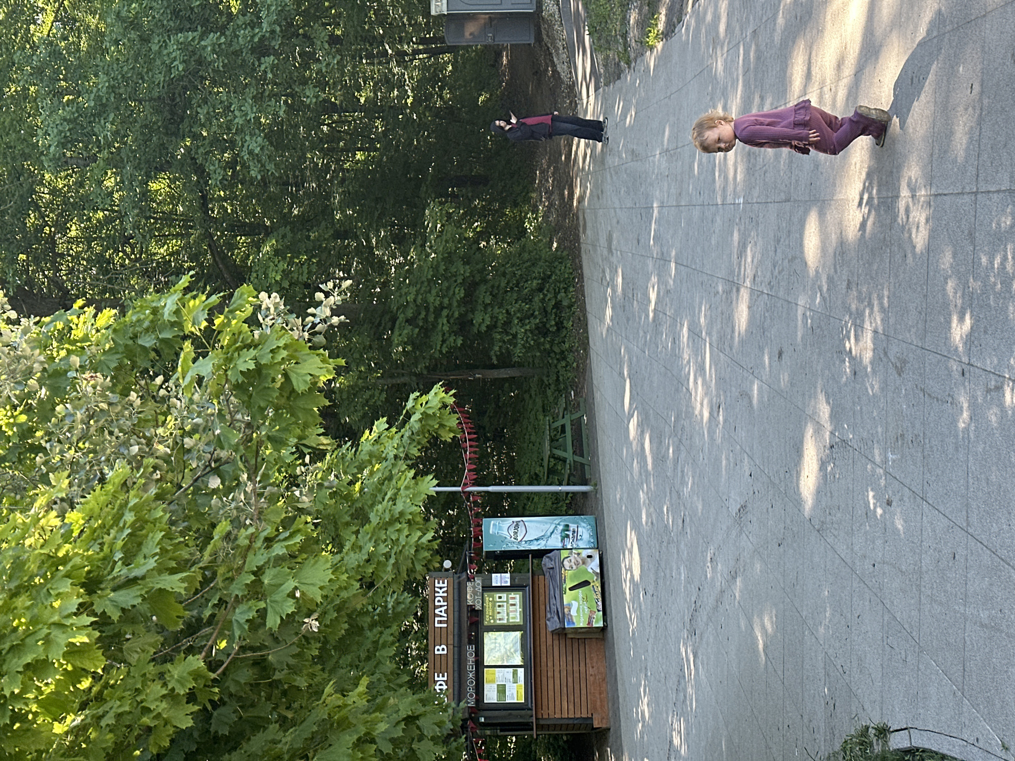 The image, taken in Nizhny Novgorod, Russia, captures a sunny day in a park, featuring a paved pathway bordered by dense green trees and foliage. The scene shows two individuals and a refreshment kiosk.
In the foreground, a young child, likely a toddler or preschooler, dressed in a purple tracksuit, stands on the paved path. The child is looking towards the left side of the frame with a neutral expression. Further down the path, an adult, dressed in a dark jacket with a burgundy inner layer and dark trousers, stands near the tree line, facing towards the right. Behind the adult, a dark grey portable toilet is visible.
To the left of the path, partially obscured by lush green leaves, is a small wooden kiosk. A large sign on its top reads "КАФЕ В ПАРКЕ" (CAFE IN THE PARK). Other visible text on the kiosk includes "МОРОЖЕНОЕ" (ICE CREAM), "КОФЕ" (COFFEE), and "ХОТ-ДОГ" (HOT DOG). A side poster on the kiosk shows a bottle of "ВОДОМ" (WATER) and a smiling woman holding an ice cream bar. Red pennants are strung above the kiosk, suggesting a festive or inviting atmosphere.
The time of day appears to be either morning or late afternoon, indicated by the strong, dappled sunlight creating distinct shadows of leaves on the grey paved path. The weather is clear and sunny. The overall scene suggests a casual outing in a public park, with people enjoying the pleasant environment and access to refreshments.