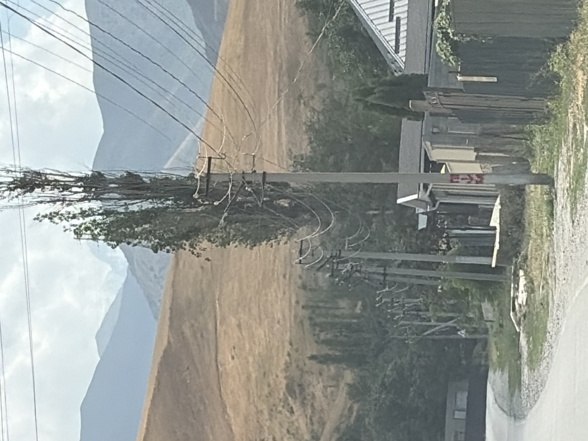 The image depicts a rural roadside scene with a paved road curving to the left in the foreground. Several concrete utility poles with numerous overhead wires are lined up along the right side of the road, extending into the distance. Behind the poles, there is a low wooden fence and various buildings, including a house with a corrugated metal roof. Lush green trees and bushes grow in the midground. In the background, rolling hills covered in dry, yellowish-brown grass rise up, with a hazy mountain range visible in the far distance under a cloudy sky. The overall impression is one of a remote, somewhat undeveloped area.