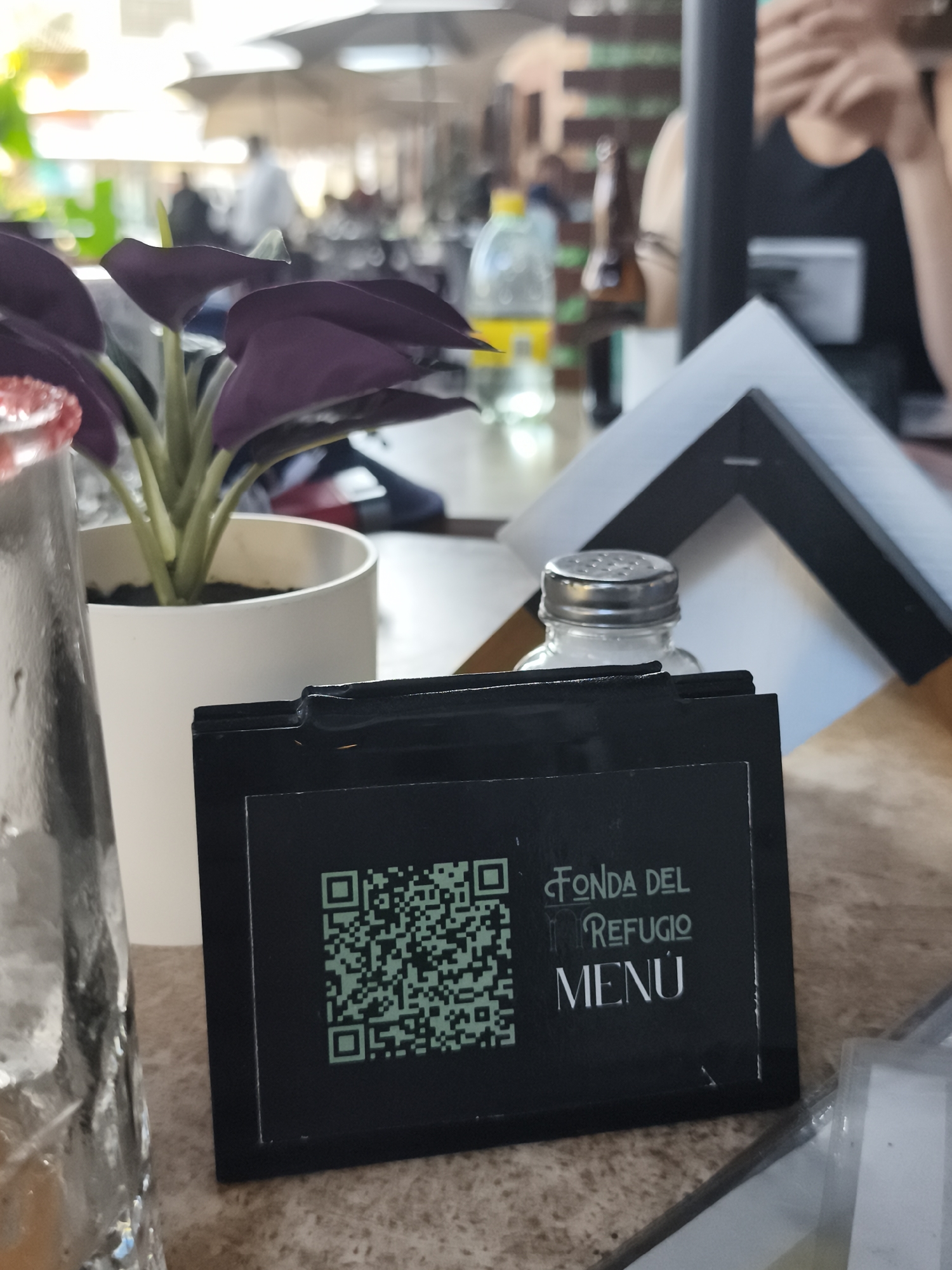 The scene depicts a restaurant table at Fonda del Refugio in Querétaro, Mexico. In the foreground, there's a small potted plant with dark purple leaves in a white pot, alongside a glass of water and a salt shaker. A black sign displays a QR code and the words "Fonda del Refugio MENU." Behind the sign is a stack of napkins. In the blurred background, there are other tables and patrons, including a person wearing a black shirt and another individual walking with a white shirt. A beer bottle and water bottle are visible as well. The environment appears to be an outdoor seating area.