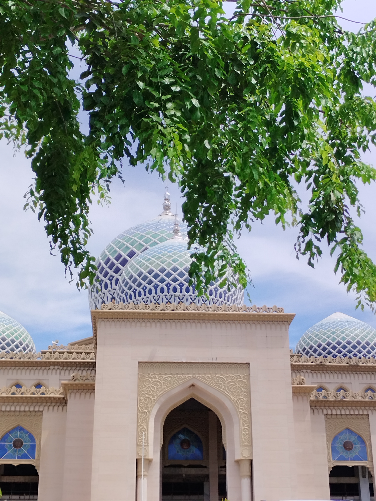 The image captures a grand mosque, partially obscured and framed by lush green foliage from an overhanging tree in the foreground. The mosque features prominent Islamic architecture with a light beige or cream-colored facade.
The most striking elements of the mosque are its multiple domes, particularly the large central dome and smaller flanking ones. These domes are intricately patterned with a geometric grid of blue, green, and white tiles or panels, creating a decorative, almost iridescent effect. The structure below the domes is adorned with elaborate carvings and decorative motifs, consistent with Islamic architectural styles.
Key architectural details include a large, arched main entranceway, which is richly decorated with detailed carvings. Below the arches and in the visible windows, there are blue-toned stained glass elements, some featuring circular patterns. The upper sections of the mosque walls and rooflines showcase decorative cornices and sculpted embellishments, adding to its ornate appearance.
The scene is set outdoors during what appears to be daytime, indicated by the bright, natural lighting and the clear to partly cloudy light blue sky visible above the mosque. The green leaves of the tree provide a natural, organic frame for the structured elegance of the building. No specific activities or people are visible, and the focus remains entirely on the architectural subject. There is no discernible text within the image. The location context provided is Lhokseumawe, Indonesia.