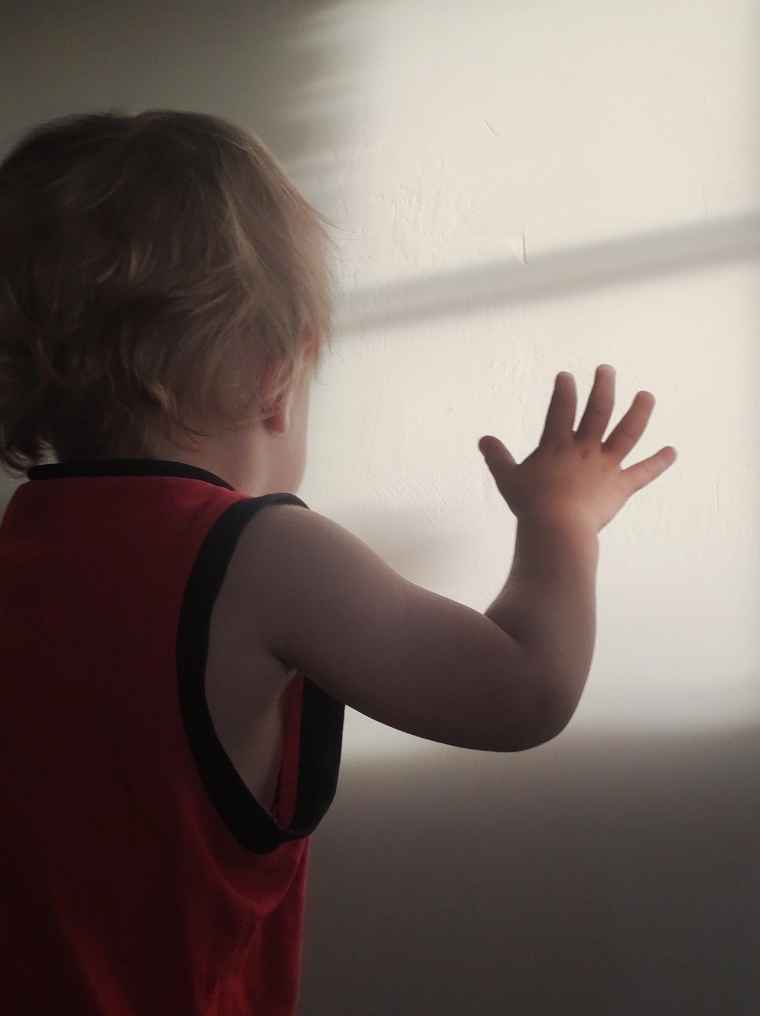 A toddler, seen from the back and right side, stands facing a wall. The toddler has light brown, messy hair and is wearing a red tank top with black trim. Their right arm is extended, and their hand is pressed against the white wall, with fingers spread. Sunlight casts distinct shadows across the wall, suggesting it is daytime. The lighting creates a contrast between the illuminated wall and the darker, shadowed foreground where the toddler stands. The scene evokes a sense of curiosity or playfulness, as the child interacts with their environment. The focus is on the child's hand and arm against the textured wall, with the background softly blurred.