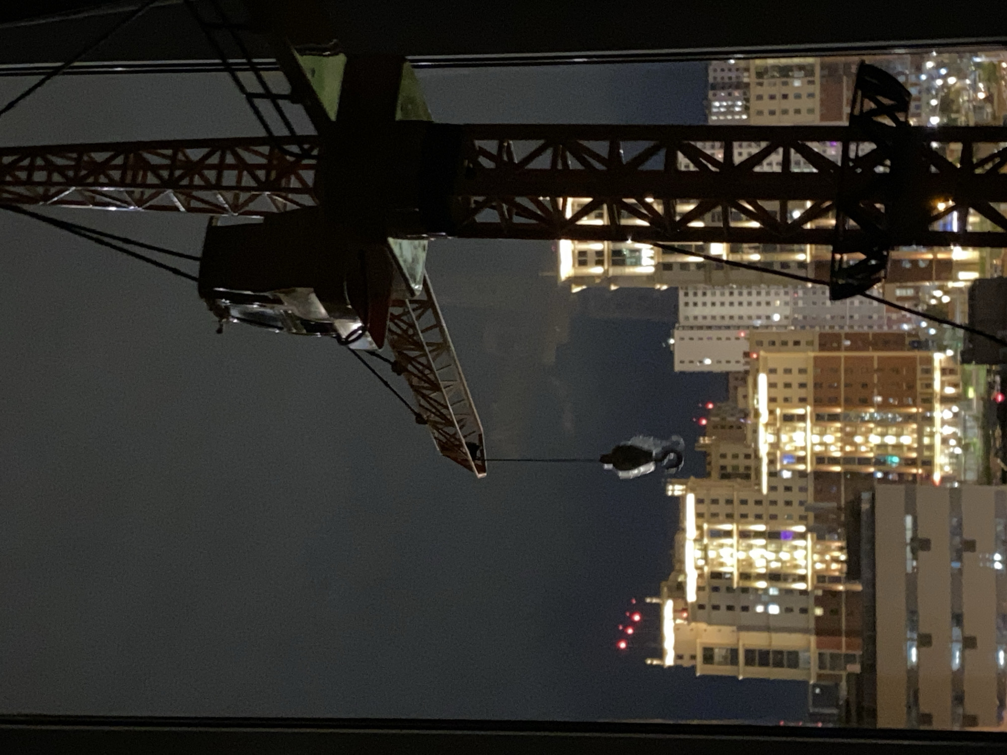 A low-angle, nighttime shot displays a construction crane silhouetted against illuminated buildings. The crane is positioned on the left side of the frame, its lattice-work boom extending towards the center. A cable hangs from the boom, suspending a hook. In the background, numerous high-rise buildings are illuminated with warm, white light. The urban environment appears to be located in Saint Petersburg, Russia. The buildings are characterized by a grid-like pattern of windows, and some have red warning lights on their roofs. The sky above is dark. The image is framed by a dark horizontal line, likely indicating a window edge.