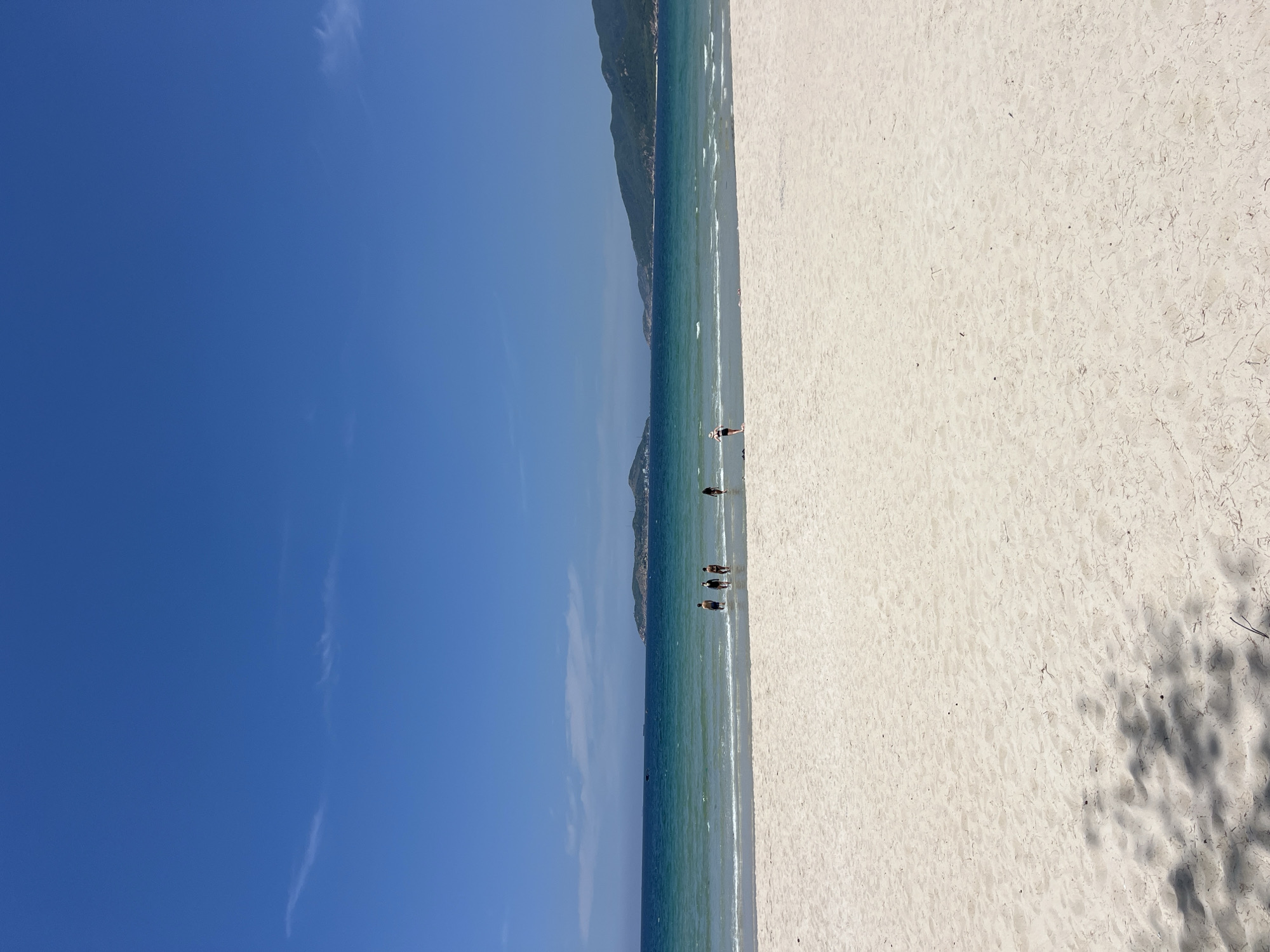This is a vertical, eye-level shot of a sandy beach leading into the ocean. In the foreground, the pale sand is marked with a dappled shadow, possibly from foliage, and scattered with small, dried plant debris. A line of gentle waves breaks on the shore, meeting a strip of wet sand. In the shallow water, five individuals are visible: four standing closer together in the surf, and one person further to the right, seemingly walking along the waterline. The ocean is a gradient of teal and turquoise, with distant islands and hills forming the horizon under a clear, bright blue sky with a few wispy clouds. The image captures a serene beach scene.