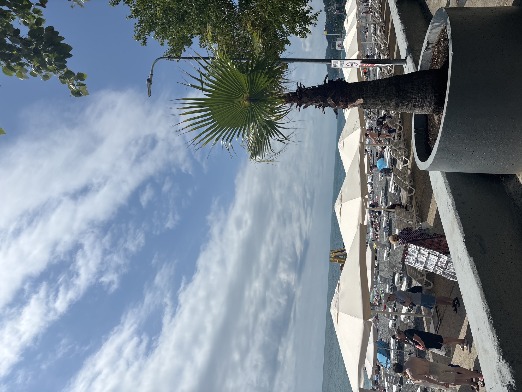 The image depicts a beach scene in Sochi, Russia. In the foreground, a large concrete planter contains a palm tree. Behind the planter, a line of beige beach umbrellas are set up on a pebbled beach, with numerous empty and occupied lounge chairs visible. Several people are standing near a display rack of what appear to be temporary tattoos. In the background, the Black Sea stretches to the horizon under a partly cloudy blue sky. A street lamp is visible to the right of the palm tree, and trees line the top of the frame on the right side. A sign with Russian text is affixed to a pole behind the palm tree.