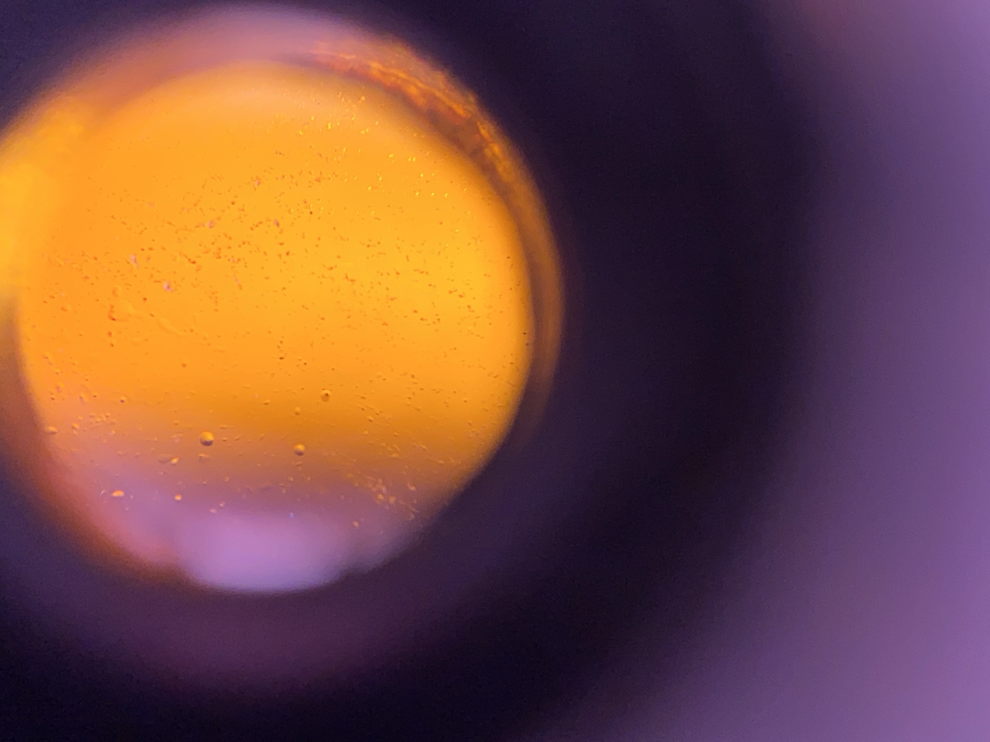 This image shows a close-up, abstract view of an orange, spherical object with small imperfections or particles visible on its surface. The object is illuminated from within or behind, creating a bright glow. The background is a gradient of deep purple to lighter lavender. There are no discernible features of Zgrade, Montenegro in this image.