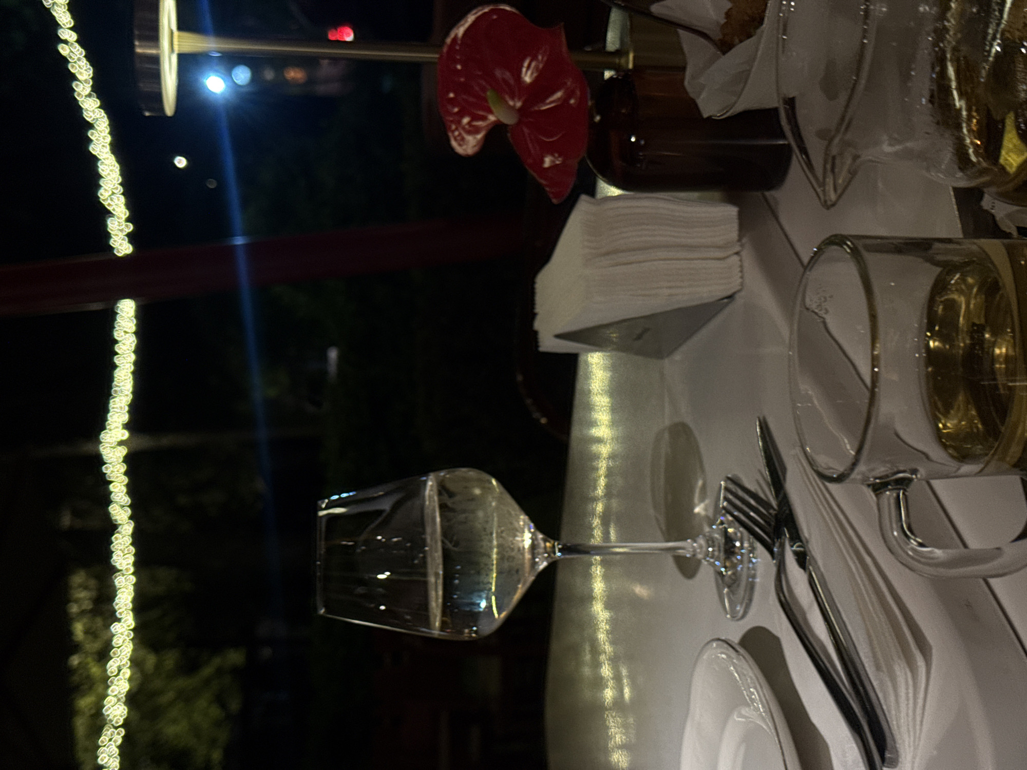 This media file presents a close-up, intimate view of a dining table set for an evening meal, likely in an outdoor restaurant or cafe. The scene is illuminated by decorative and distant lights, indicating nighttime.
On the white-covered table, a clear wine glass, partially filled with liquid, is prominent. To its right, a silver fork and knife are neatly arranged, alongside a stack of white plates. Another clear glass or mug containing liquid is positioned further to the right. In the upper part of the table setting, a stack of white paper napkins is visible next to a vibrant red anthurium flower, placed in a dark brown vase.
The background is largely dark, signifying the night. A vertical string of warm, yellow-white fairy lights creates a soft, blurred bokeh effect on the left side of the frame. Other distant lights, appearing as indistinct glows of blue, white, and red, hint at a city environment beyond the dining area. A dark, horizontal bar or railing cuts across the mid-ground.
The image captures an atmosphere of relaxed elegance, typical of an evening dining experience. While no people are visible, the carefully arranged table setting implies a social or private dining event. There is no visible text in the image. Although the location context of Yerevan, Armenia, was provided, no specific visual cues within the image confirm this geographical detail.