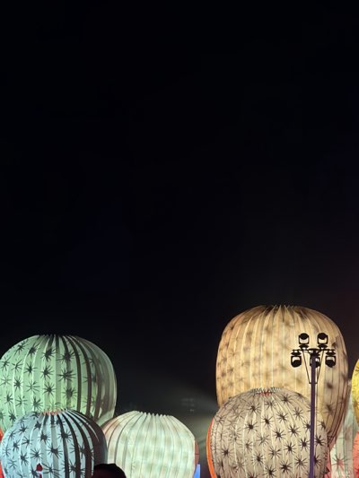 The image shows a night scene in Indio, United States, featuring several decorative, spherical objects resembling lanterns or art installations. They have a ribbed or segmented texture and are illuminated with internal lights, displaying different colors and patterns. In the background, there is a dark sky and what appears to be a street light. The environment suggests a festival or outdoor event where these decorative objects are displayed.