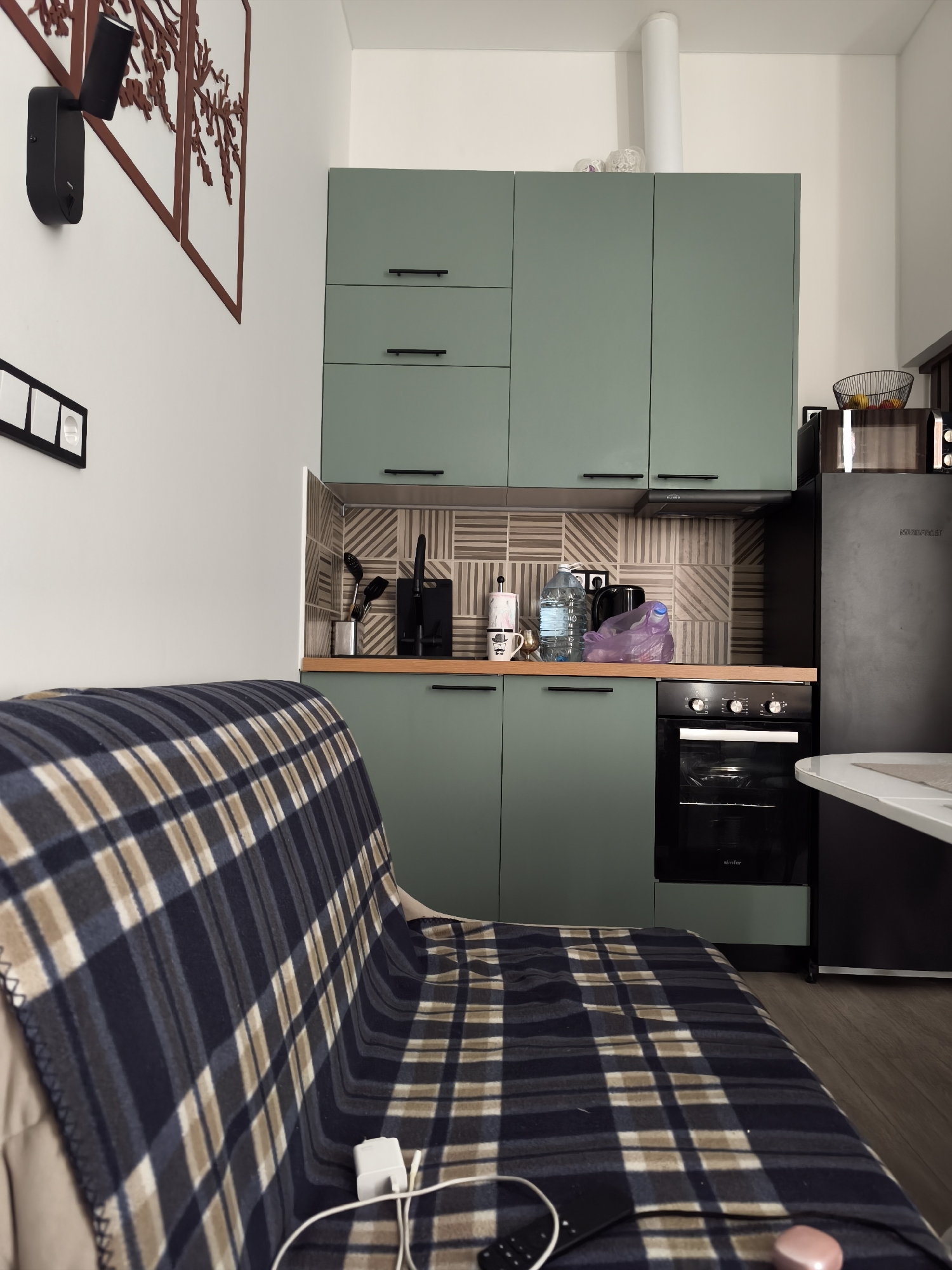 The image shows a kitchen in Moscow, Russia. The kitchen features light green cabinets with black handles, a wooden countertop, and a tiled backsplash with a geometric pattern. Appliances visible include a black refrigerator, an oven, and a microwave. A plastic water bottle, a teapot, and a purple plastic bag are on the countertop. A plaid blanket covers a couch in the foreground. A black wall-mounted lamp and a decorative brown branch-like wall art are on the wall. A light switch is also visible on the wall.