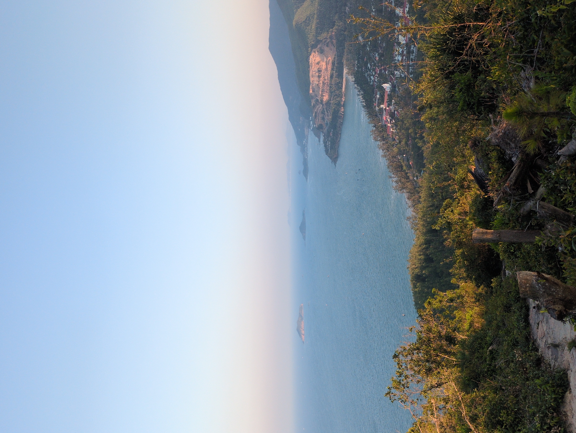 An aerial view shows the South Quy Nhon Ward, Vietnam, coastline, seen from an elevated vantage point. The scene features a clear blue sky transitioning to a hazy, light yellow horizon above the ocean. The blue water is speckled with distant islands. The coastline has a beach strip, backed by a residential area and green mountain slopes. Dense vegetation and rocks edge the cliff in the foreground, with sunlight hitting the foliage.