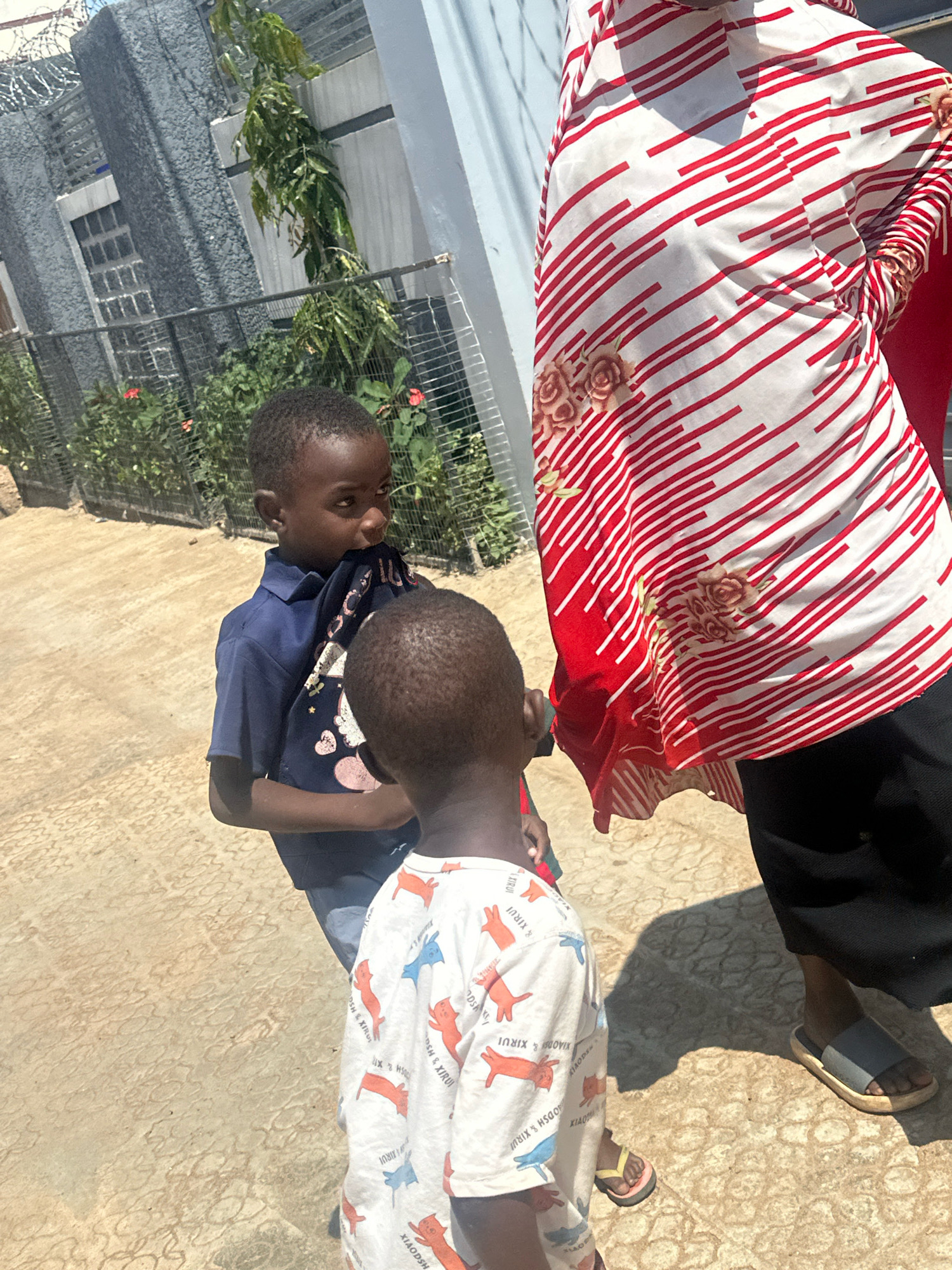 In Barakin Lerawi, Nigeria, two young boys stand on a textured concrete ground. One boy, facing left, wears a navy blue polo shirt and appears to be pulling the collar of his shirt into his mouth. The other boy, facing away from the camera, wears a white t-shirt with a pattern of orange and blue cartoonish figures. Behind the children, a person in a red and white striped garment, possibly a hijab or abaya, is visible from the waist down, wearing black trousers and sandals. The background includes a grey textured wall with barred windows, a metal fence, and green foliage with some red flowers. The scene suggests an outdoor, possibly residential or public, area in Nigeria.