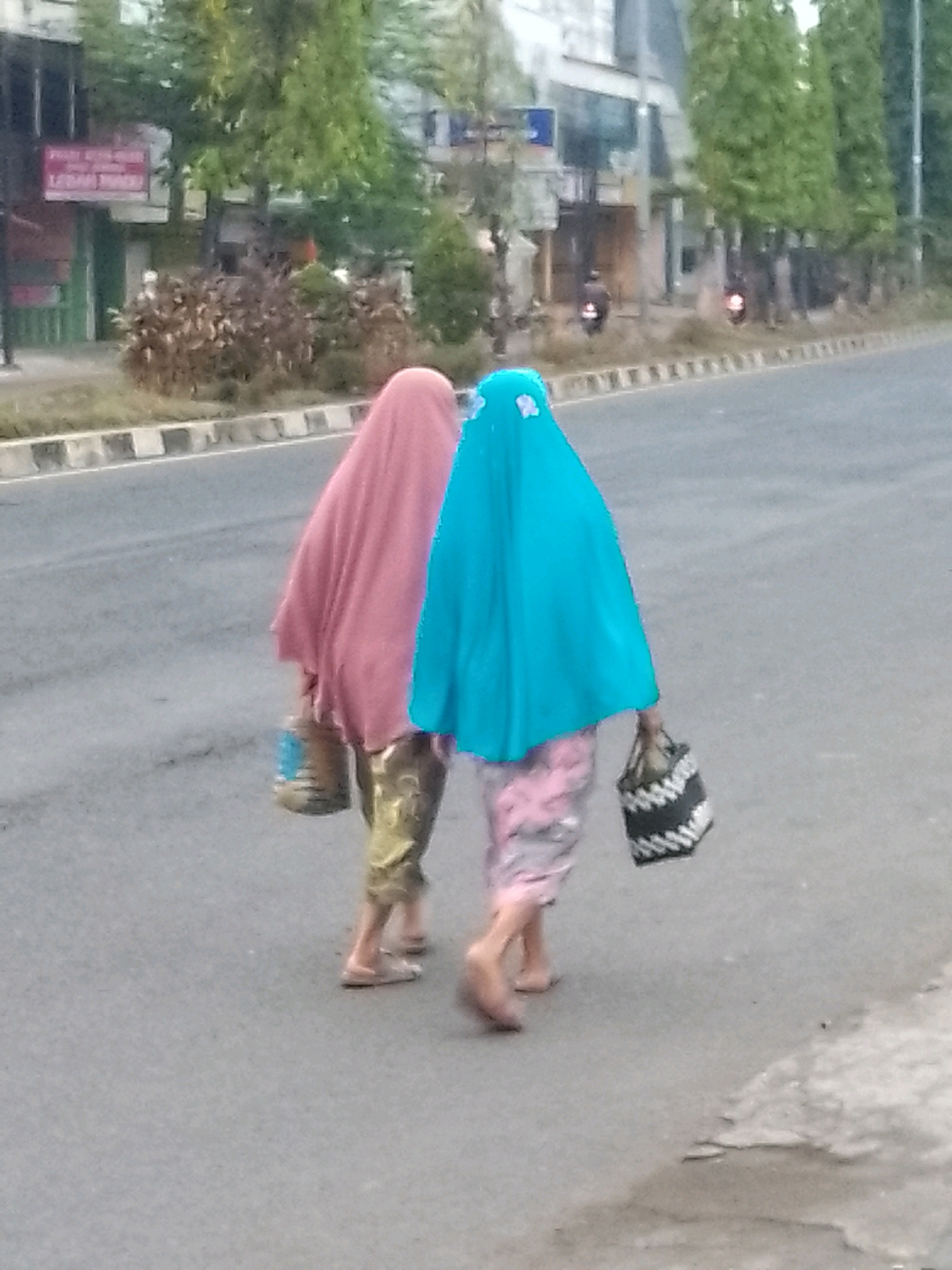 Two individuals are walking on a paved street, possibly a sidewalk or road. The person on the left wears a pink head covering and patterned pants, and carries a dark object in their right hand. The person on the right wears a bright blue head covering and patterned pants, and carries a woven black and white bag in their right hand. They are walking away from the viewer. In the background, there are buildings, trees, and streetlights, suggesting an urban or semi-urban environment. The lighting suggests it is daytime, possibly overcast or early morning/late afternoon. The context of Jember, Indonesia, places this scene within a specific geographical and cultural setting.