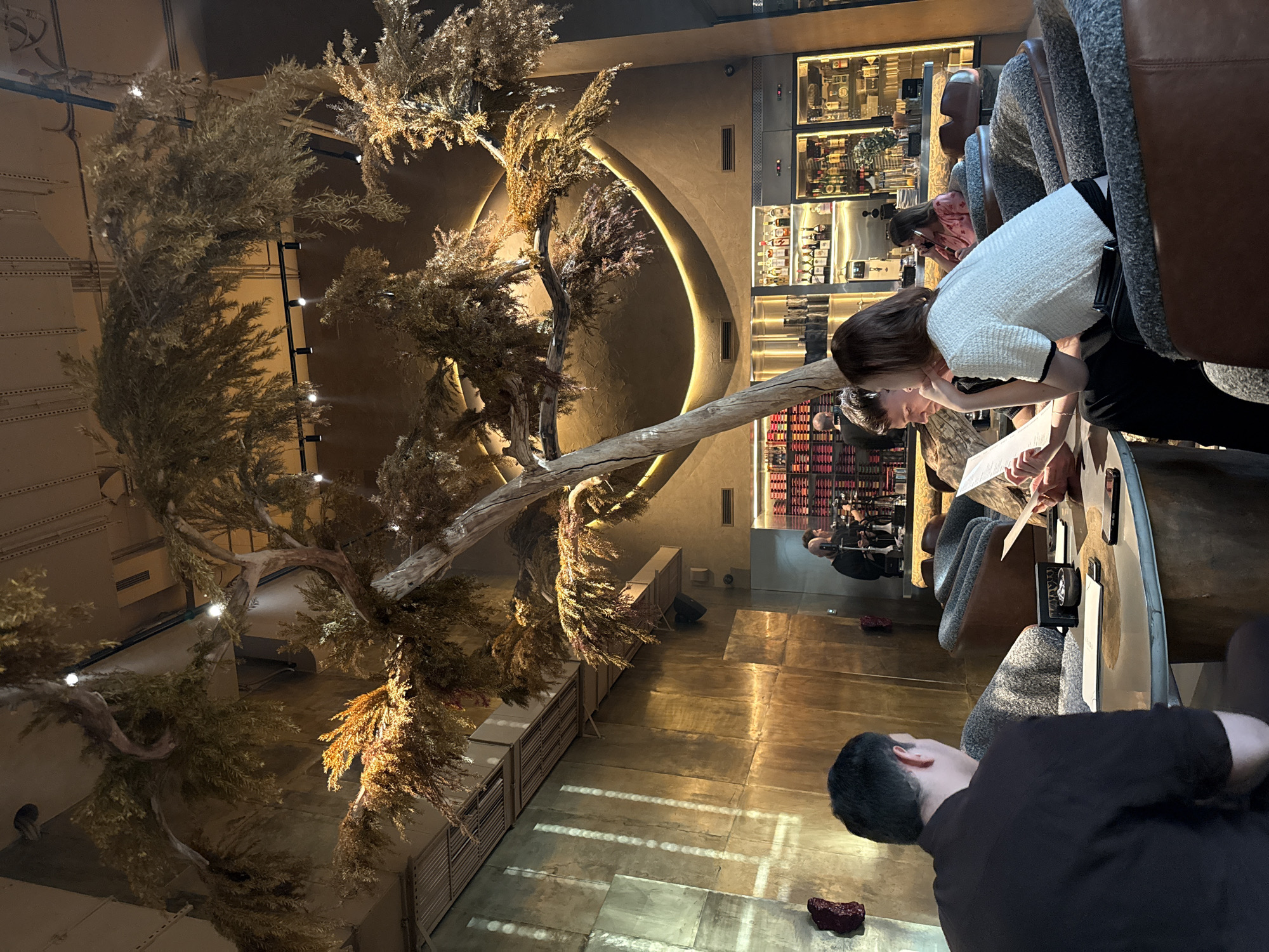 The image depicts the interior of a restaurant, likely in Moscow, Russia, given the style and ambiance. The restaurant features a striking design element: a large, artificial tree with branches extending across the ceiling, adorned with lights and faux foliage in shades of brown and gold. The walls are textured with a metallic, golden hue, and sections are paneled with what appears to be metal or stone. Natural light filters through slatted elements on the upper left wall, creating vertical striped shadows.
In the foreground, a man in a dark brown shirt is seated at a round table, looking away from the camera. A couple is seated opposite him, engaged in conversation and looking at a menu. The woman is wearing a white textured top with black trim, and the man has short hair and is wearing a patterned shirt. On the table are menus, a smartphone, and a small black dish.
In the background, a bar area is visible, stocked with bottles of alcohol on shelves. A bartender or server is seen behind the bar. Another woman is seated at the bar, talking on a phone. The overall atmosphere is dimly lit, with warm lighting from the tree and bar area contributing to a sophisticated and intimate setting. The furniture consists of plush, upholstered armchairs.