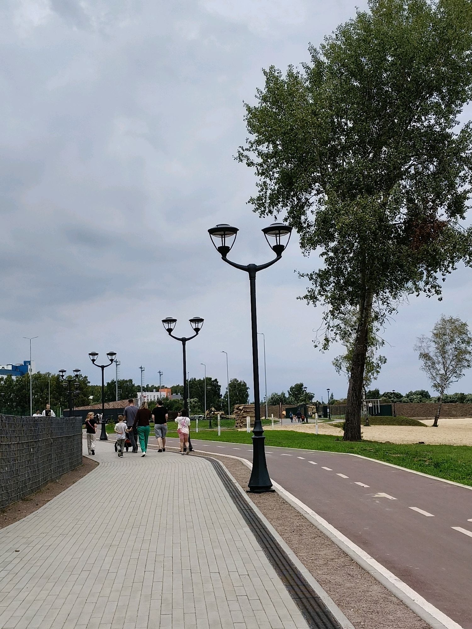 A group of six people, including adults and children, are walking along a paved pedestrian walkway in Naro-Fominsk, Russia. A bicycle path runs parallel to the walkway. Several lampposts line the walkway. A large tree stands to the right of the frame, and the sky is overcast. The environment appears to be a public park or recreational area, with some buildings and trees visible in the background.