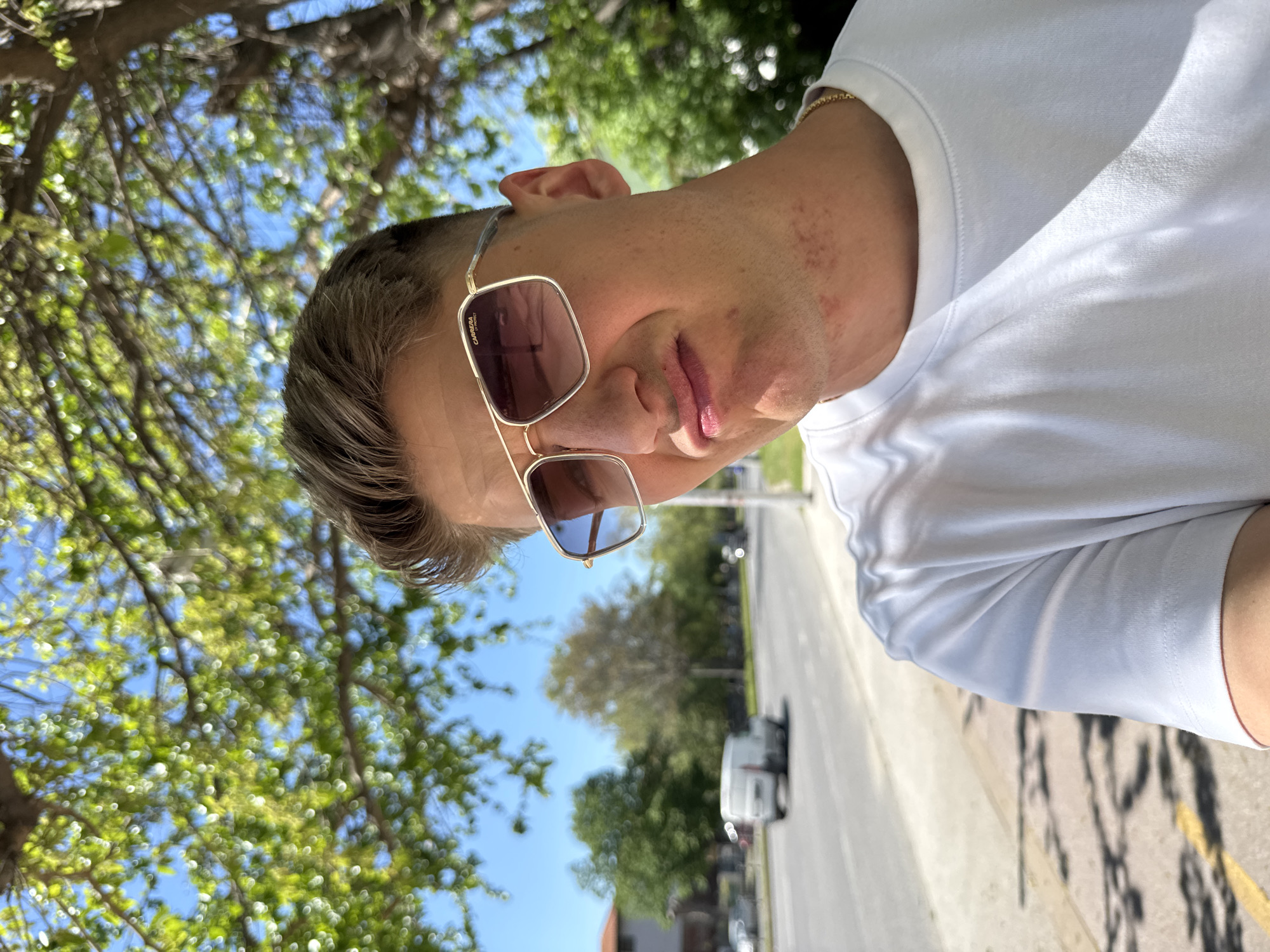 A man wearing sunglasses and a white t-shirt is standing outdoors on a sunny day. He is positioned near a street with cars parked along the side. Trees with green leaves line the background, along with a blue sky. The exact location in Plovdiv, Bulgaria, cannot be determined without further context.
