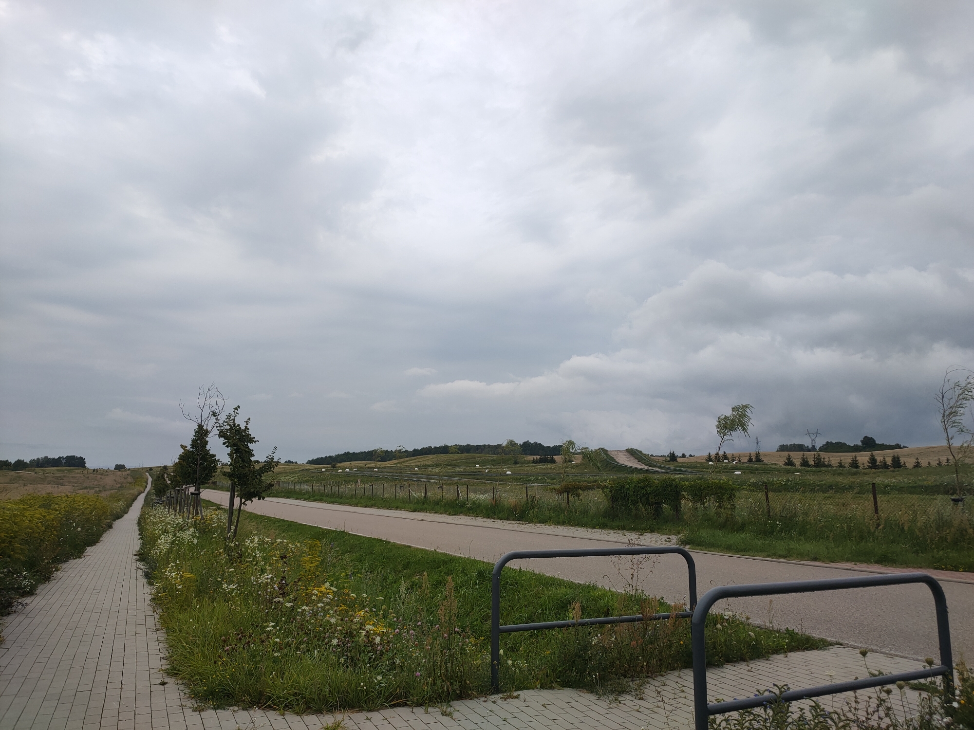 The image depicts a paved walkway bordering a road, set against a rural landscape under a cloudy sky. The walkway is constructed of grey interlocking pavers and runs alongside a grassy area with wildflowers and young trees. To the right of the walkway is an asphalt road. Beyond the road, the landscape consists of fields, fences, and some distant trees. In the far distance, on a hill, there are some round white objects, possibly hay bales, and a structure that resembles a ski jump. Power lines and pylons are also visible in the background. The overall scene suggests a location in Prawdowo, Poland, characterized by its natural environment and infrastructure. There are no people or animals visible in the image.