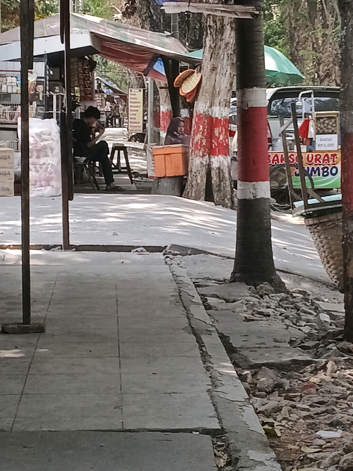 The image depicts a street scene in Purwodadi, Indonesia, with a focus on a small food stall and its surroundings. In the foreground, a concrete sidewalk with visible cracks and debris lines the street. A person is seated on a stool at the food stall, appearing to be eating or preparing food. The stall itself is covered by a canopy and has various items displayed, including packaged goods and baskets. Further back, a cart with the words "BAKSO URAT JUMBO" and "RP 5.000" is visible, indicating a food vendor selling meatballs. A green umbrella is propped up behind the cart. Trees with red and white painted trunks are also present, one of which is prominently featured in the middle of the frame. The overall impression is that of a typical bustling street-side market or eatery in an Indonesian city.