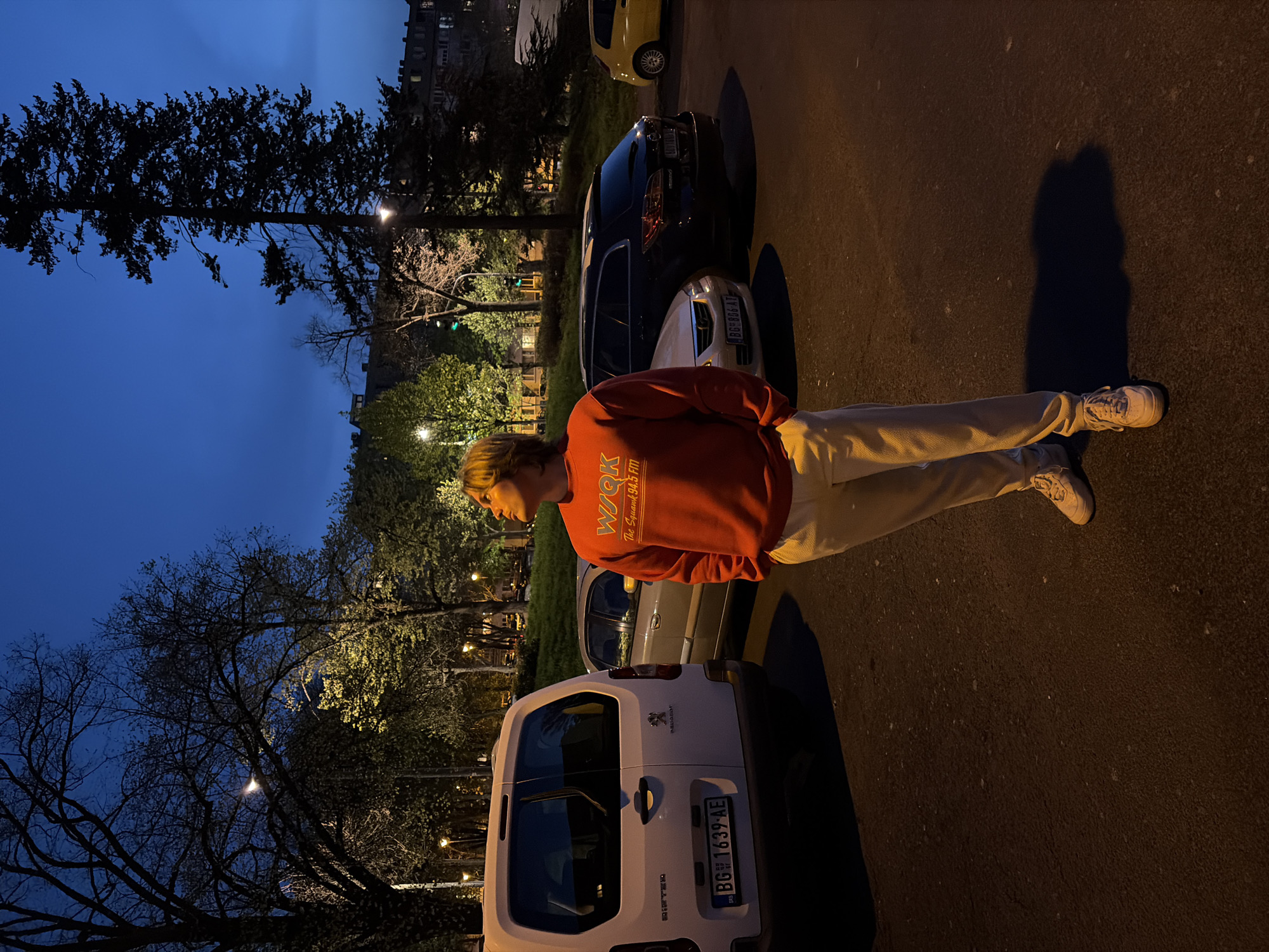 A full body shot of a person wearing a red sweater with white writing and tan pants standing on an asphalt street illuminated by yellow streetlights. Several parked cars are visible, including a yellow car, a black car, a silver car, and a white van with a license plate that reads "BG 1639-AE". Bare trees line the street. The sky is dark blue. The photograph appears to be taken at night in a park. The license plates indicate the location is Serbia. Considering the park environment and architecture in the background, it is likely the scene is in Vozdovac Urban Municipality, Serbia.