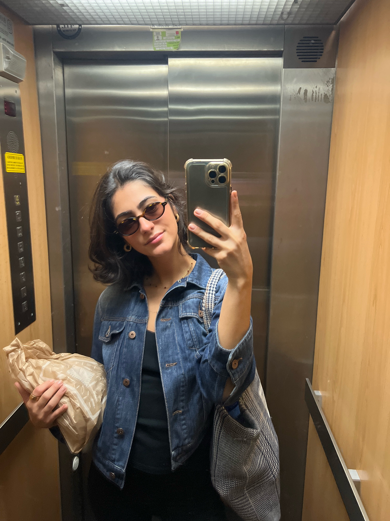 In an elevator with stainless steel walls and wooden accents, a young woman with dark, wavy hair and oval sunglasses takes a selfie. She is wearing a denim jacket over a black top, and holds a brown paper bag in her left hand. A checkered tote bag is slung over her right shoulder. The elevator panel, visible on the left, has illuminated buttons and signage in Spanish, suggesting the location is in Madrid, Spain. The overall lighting is dim, typical of an indoor elevator.